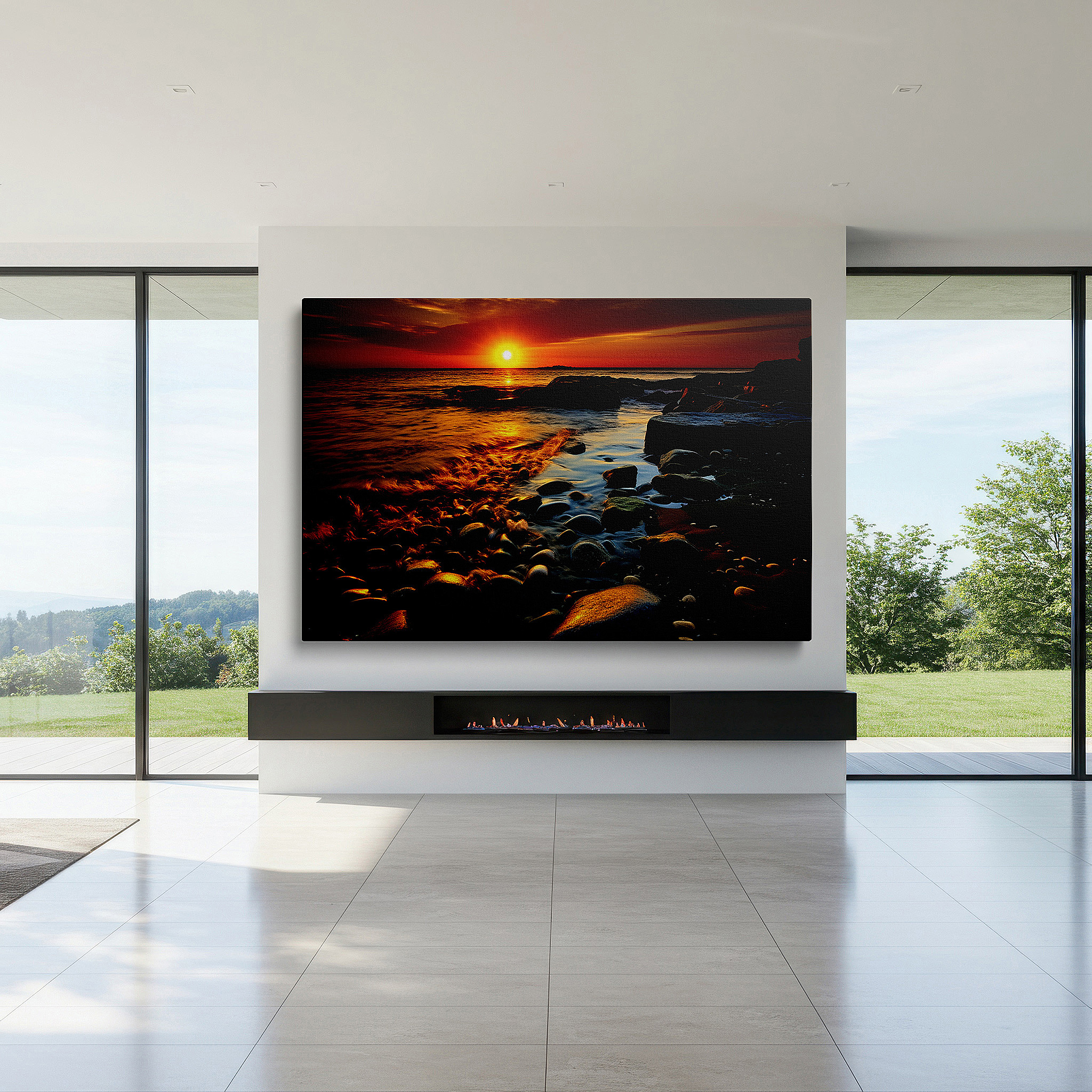 Featured in a dining room with dark wood furniture and candlelight — golden hour seaside glow: waves crashing on rugged rocks beneath a radiant sunset - large canvas wall art for home and office decor