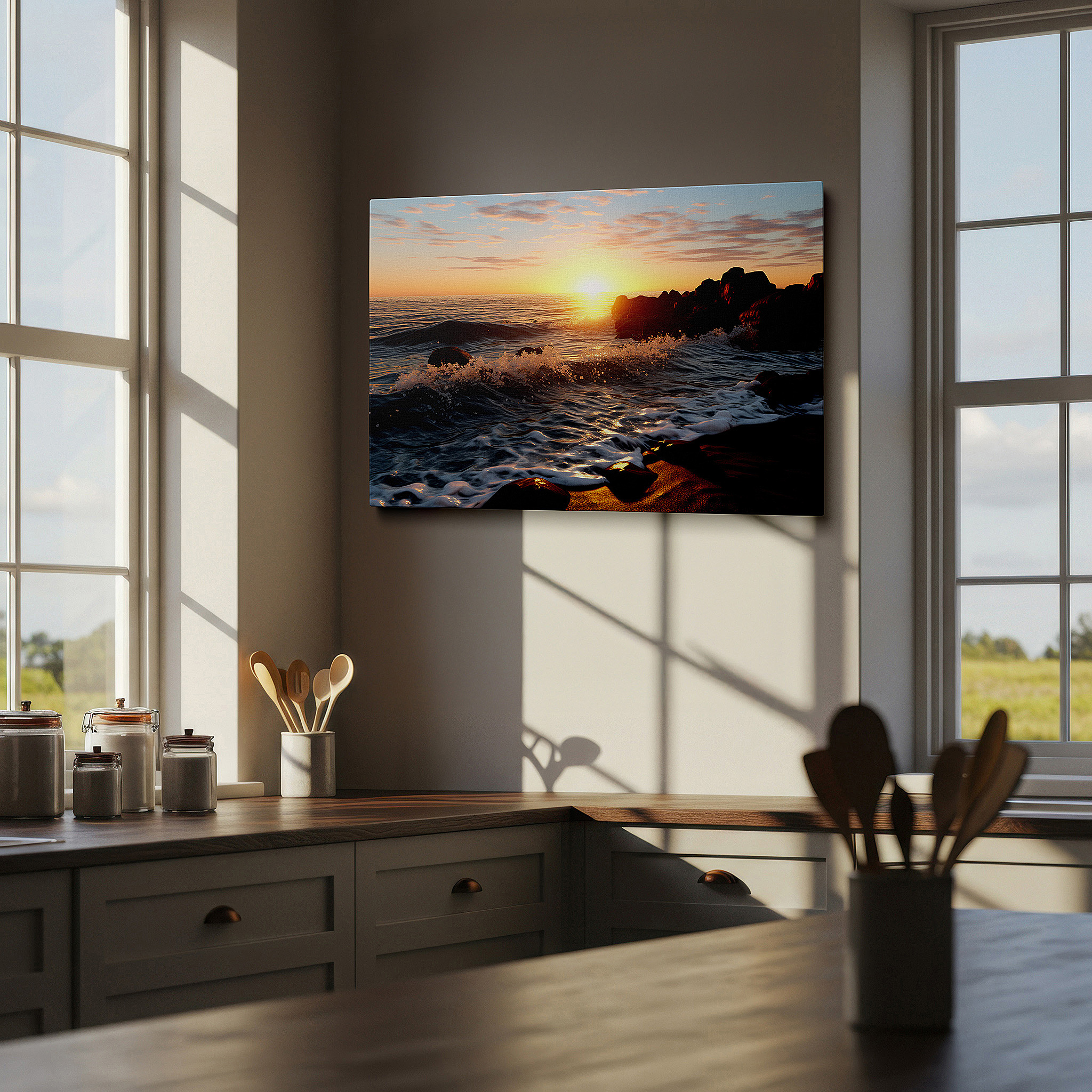 Featured in a dining room with dark wood furniture and candlelight — golden sunset embrace over tranquil sea - serene coastal symphony large wall art, canvas wall art, wall decor for office and bedroom