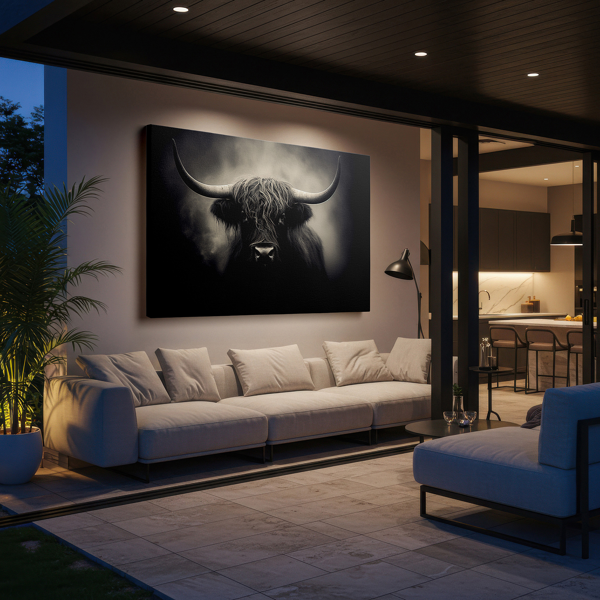 Featured in a dining room with dark wood furniture and candlelight — highland cow portrait - resilience and beauty in nature large wall art, canvas wall art, wall decor for office and bedroom