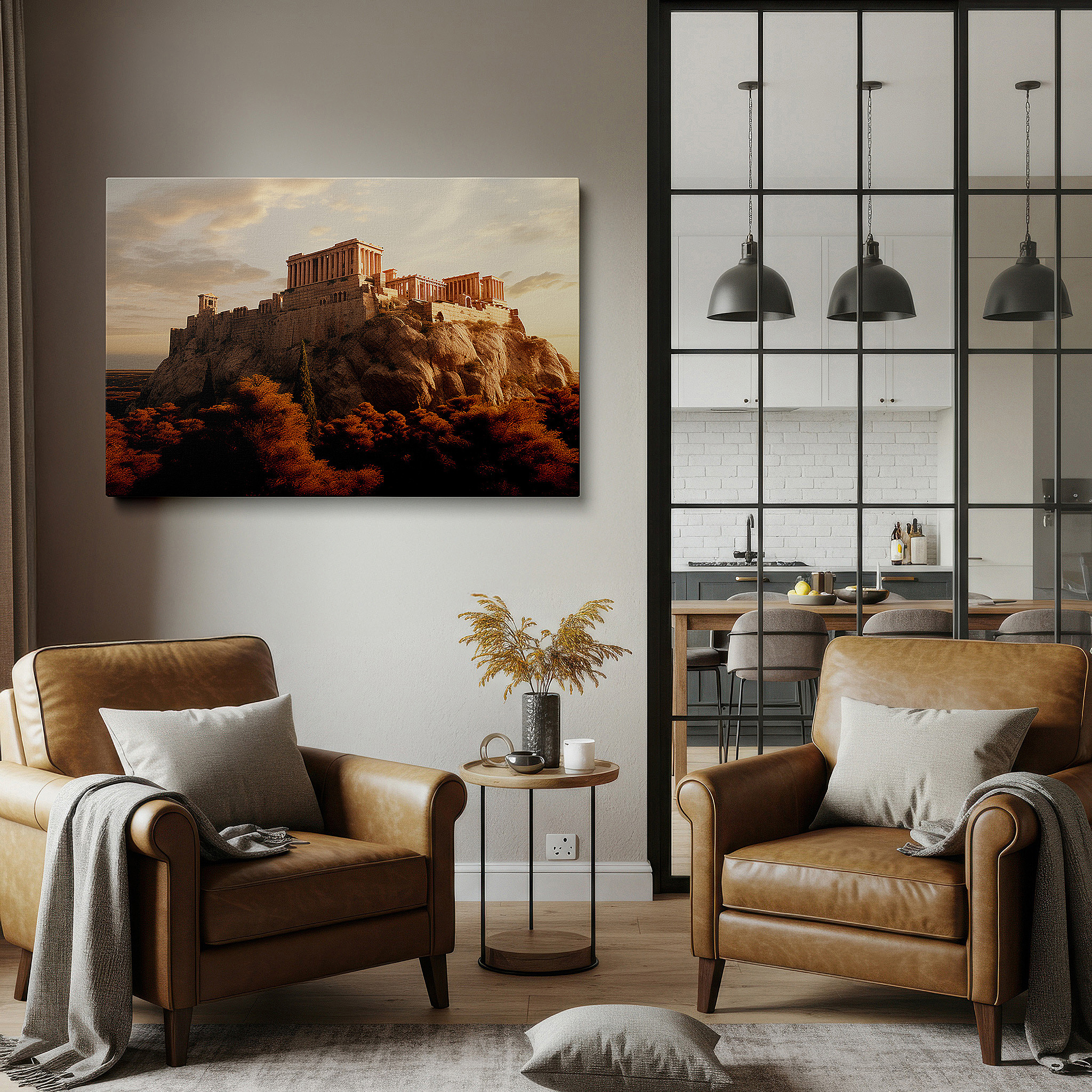 Featured in a dining room with dark wood furniture and candlelight — historic ruins surrounded by autumn's vibrant leaves - a pictorial exploration of history and nature large wall art, canvas wall art, wall decor, office wall art