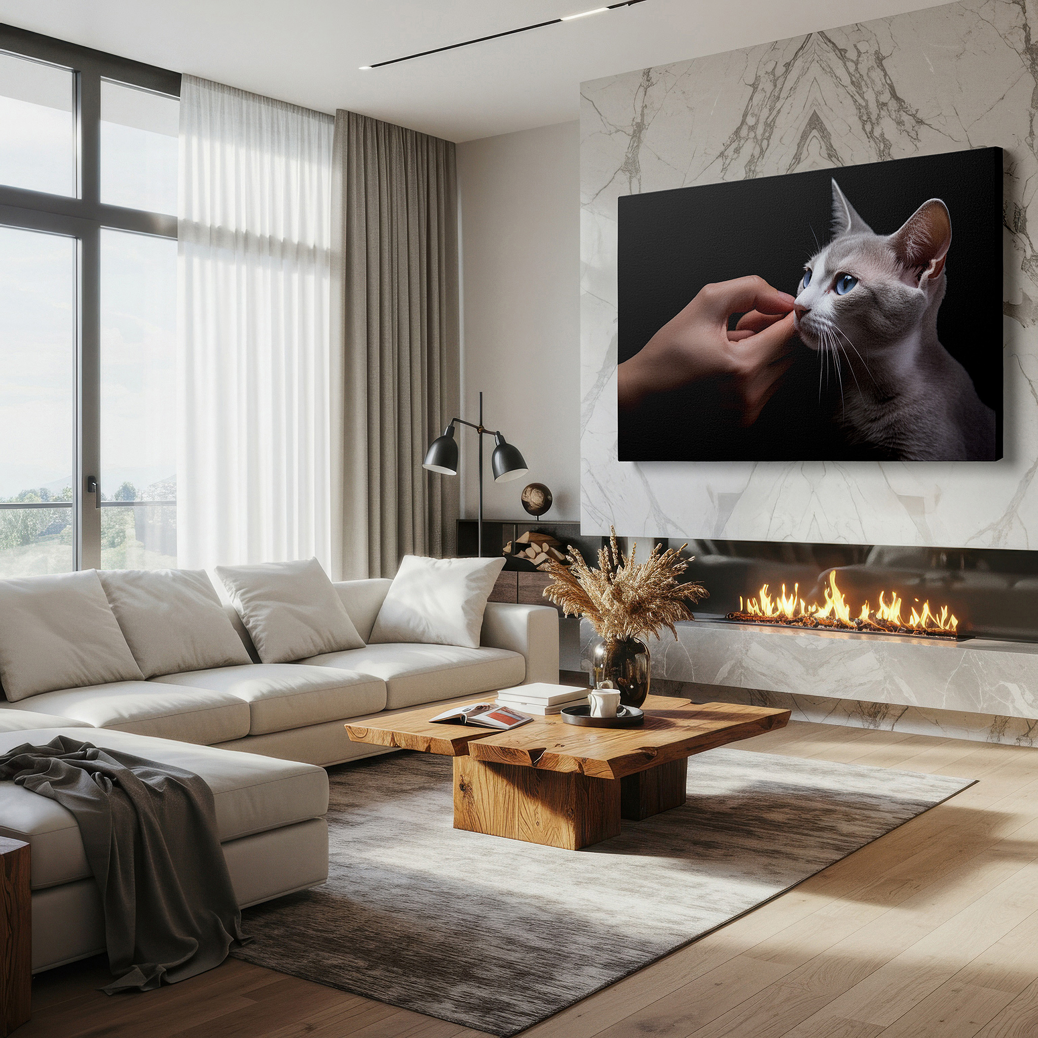 Featured in a dining room with dark wood furniture and candlelight — intimate moment of friendship between cat and owner illustrated in large wall art, canvas wall art, wall art decor, office wall art, bedroom wall art