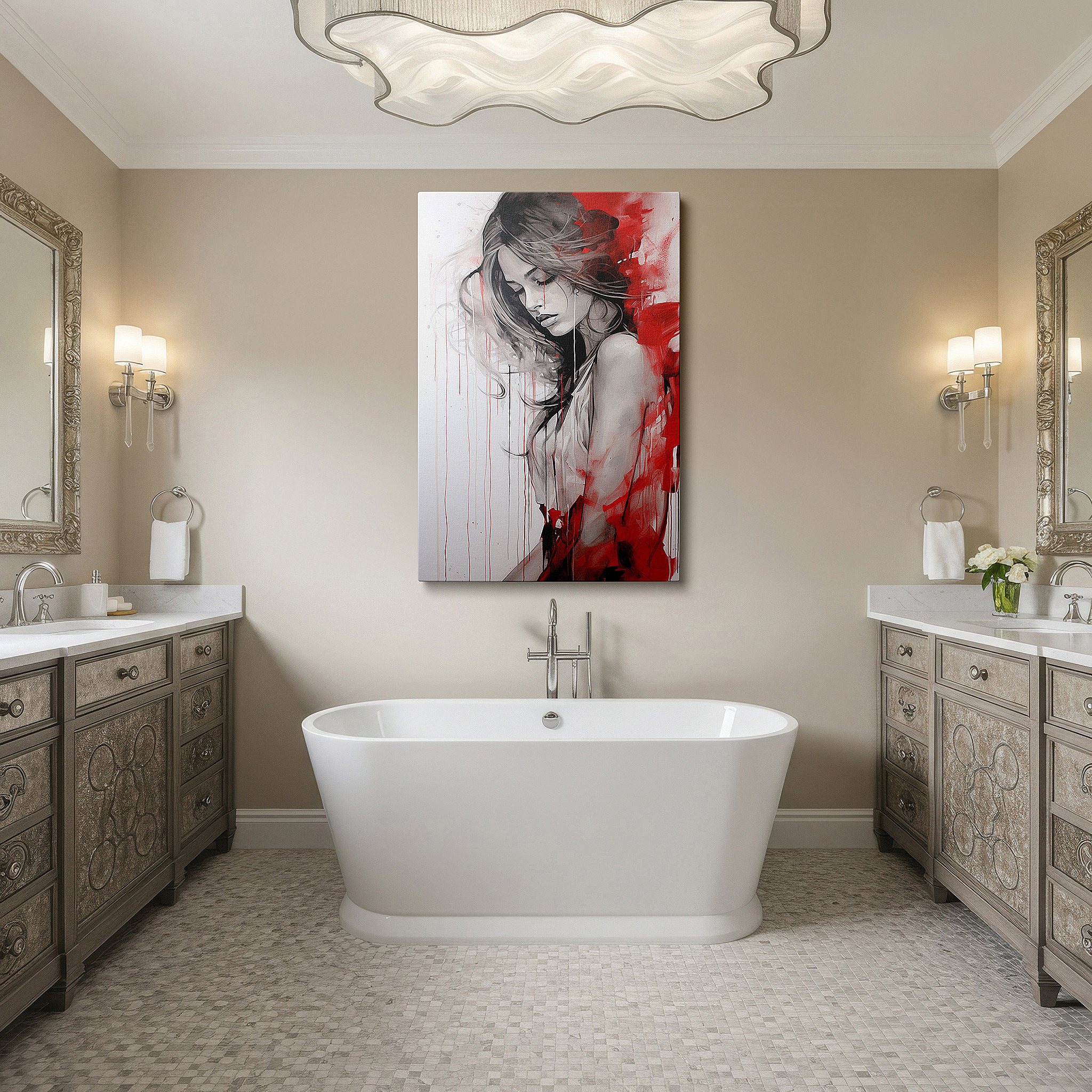 Featured in a dining room with dark wood furniture and candlelight — introspective woman against a chaotic red backdrop: exploring emotional complexity and artistic depth - large canvas wall art