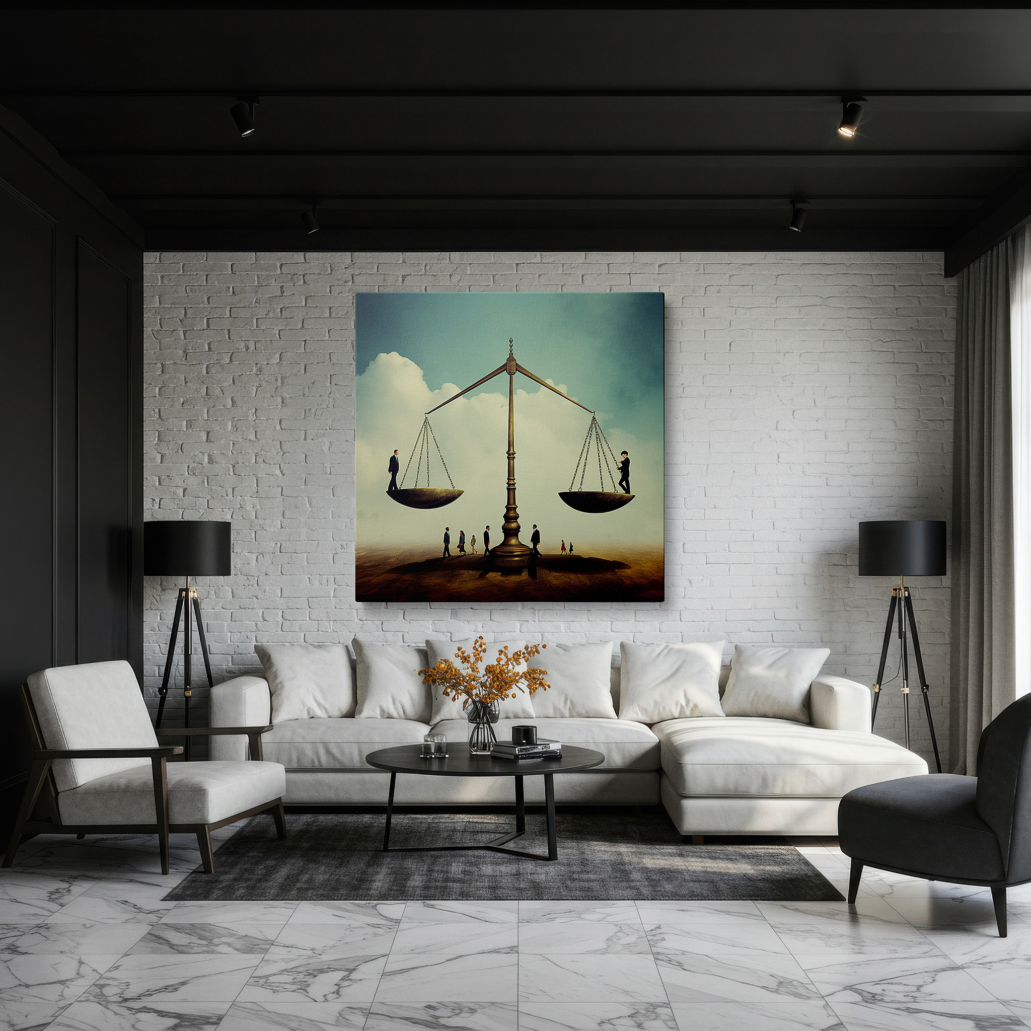 Featured in a dining room with dark wood furniture and candlelight — justice and equality vision: balancing humanity scales - large wall art, canvas decor for office, bedroom, and living room