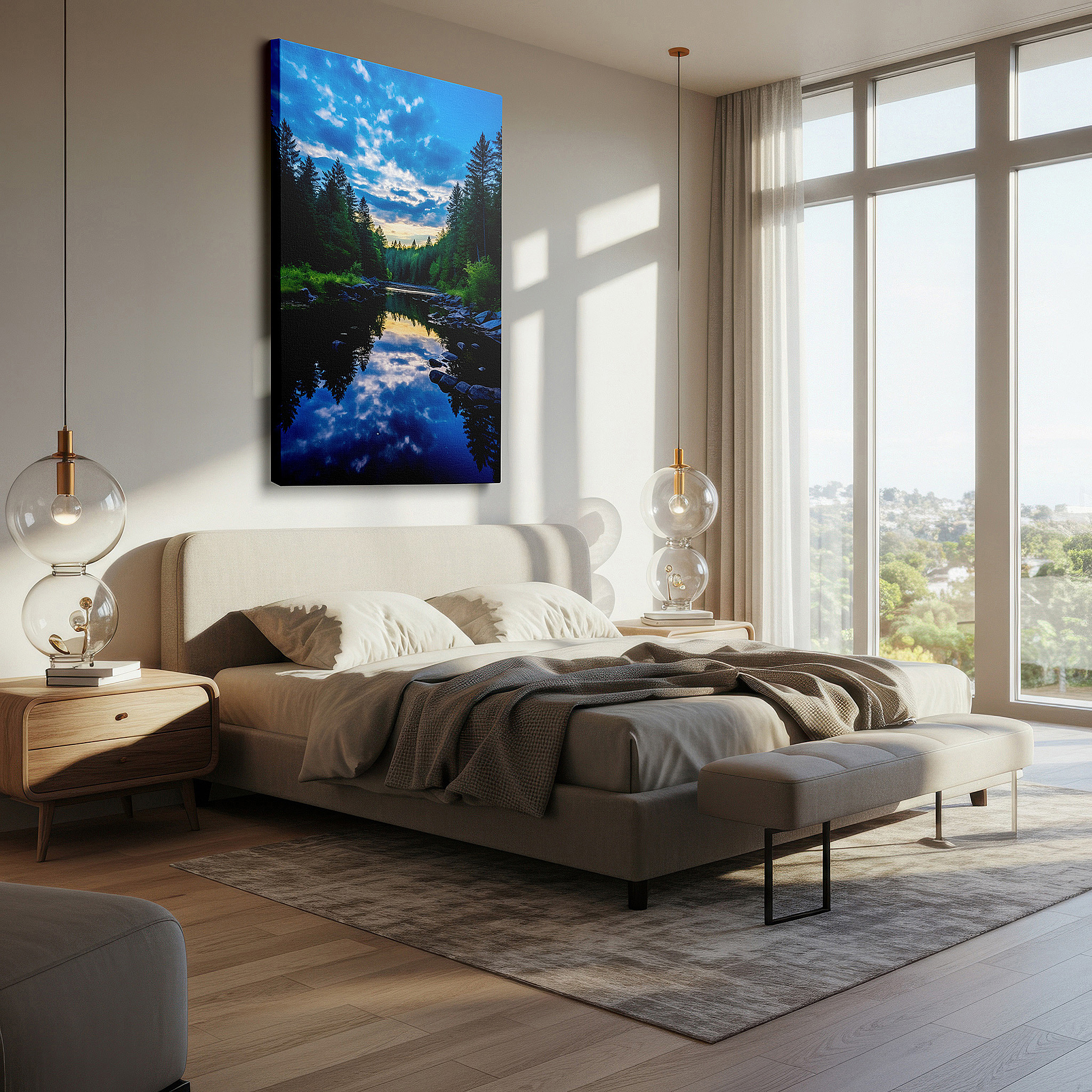 Featured in a dining room with dark wood furniture and candlelight — lakeside serenity: a vibrant nature symphony - large canvas wall art for living room, bedroom, or office decor