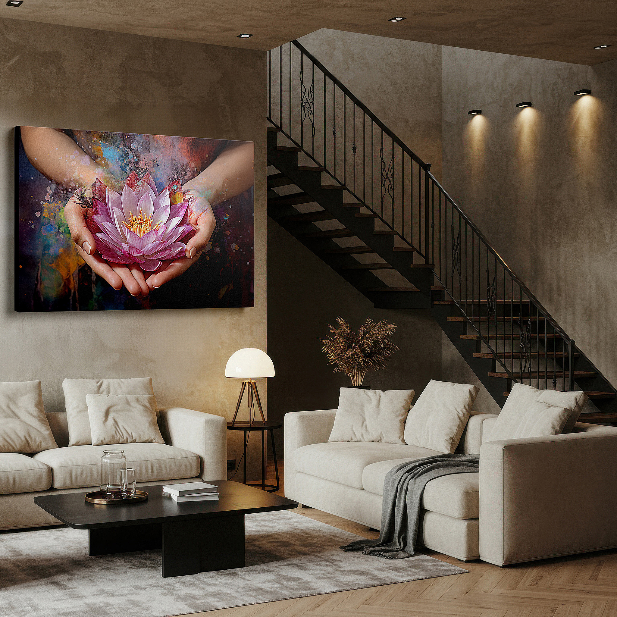 Featured in a dining room with dark wood furniture and candlelight — large wall art canvas depicting hands cradling a lotus in a symbolic dance of purity and rebirth, highlighting the connection between humanity and nature