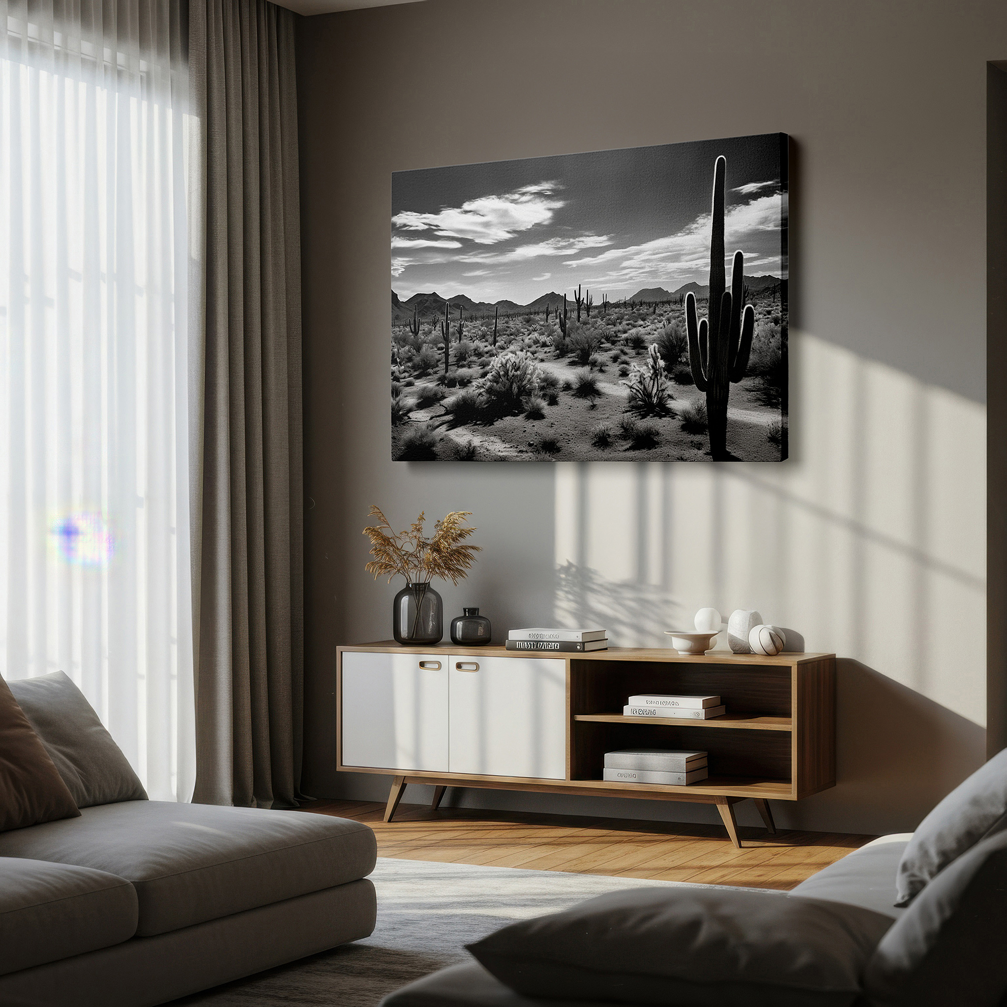 Featured in a dining room with dark wood furniture and candlelight — majestic cacti and stark sunlight monochromatic desert landscape wall art, large canvas decor for office and bedroom