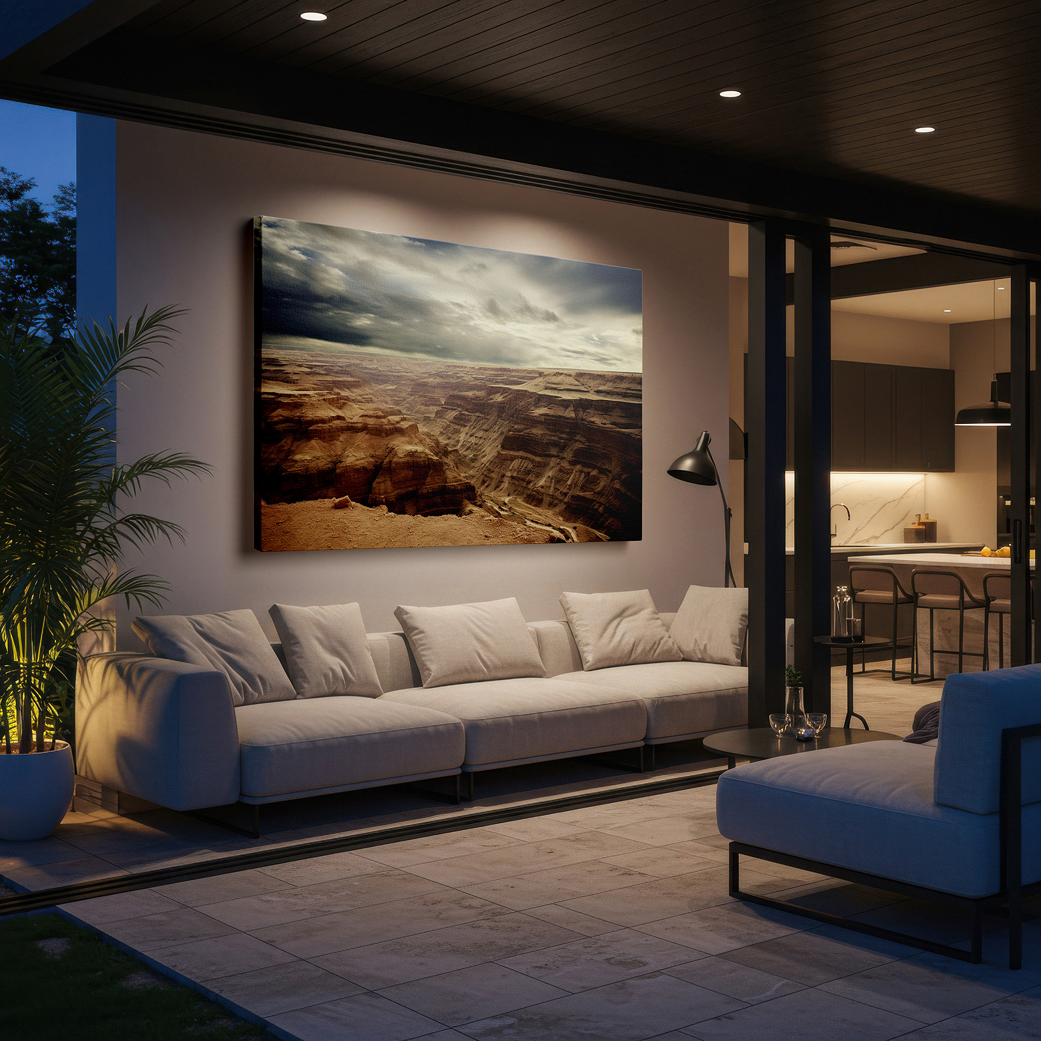 Featured in a dining room with dark wood furniture and candlelight — majestic canyon beneath stormy skies: enigmatic wilderness scene for thoughtful environments, large canvas wall art, office decor