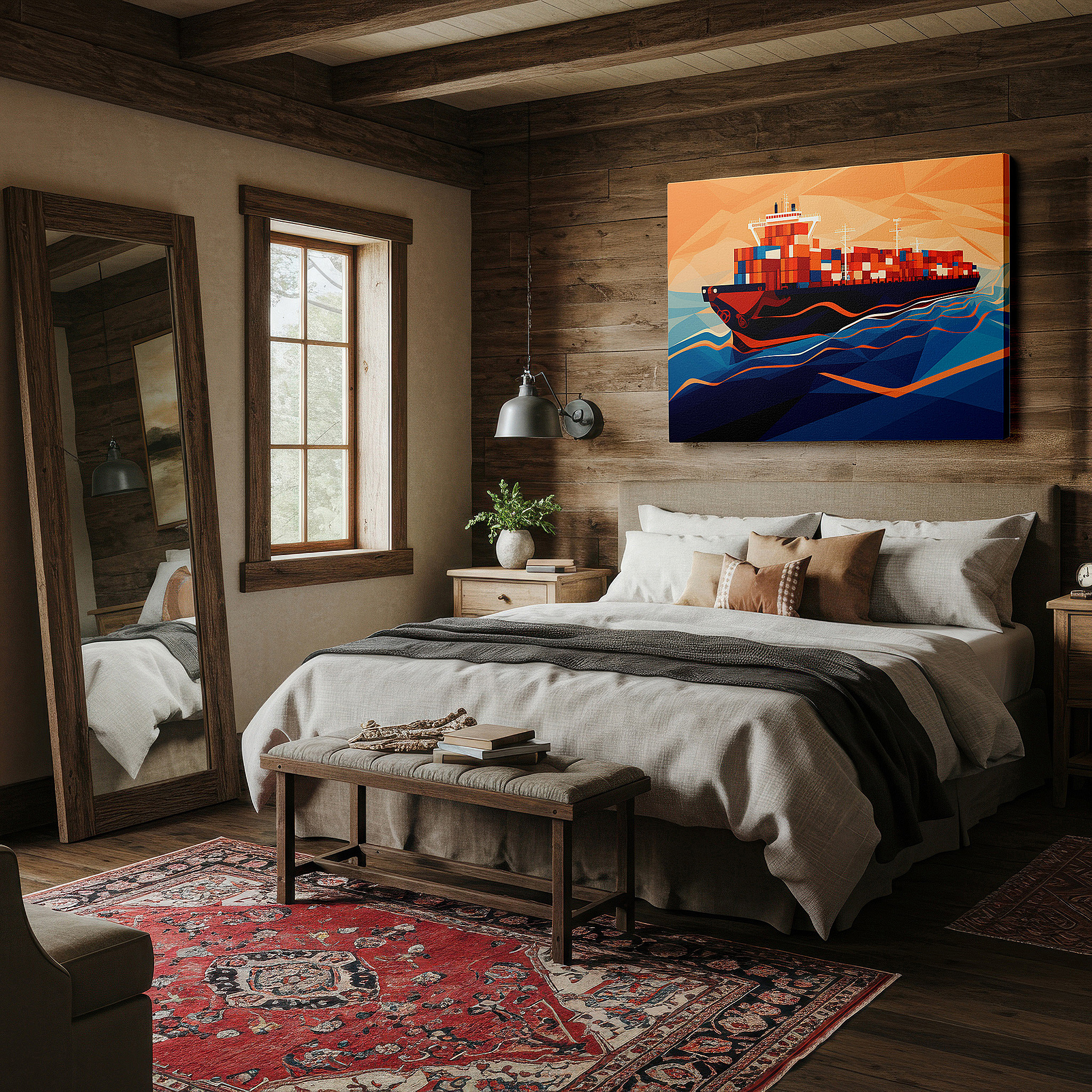 Featured in a dining room with dark wood furniture and candlelight — majestic cargo ship canvas wall art: tranquil ocean waves at sunset for office, bedroom, and home decor