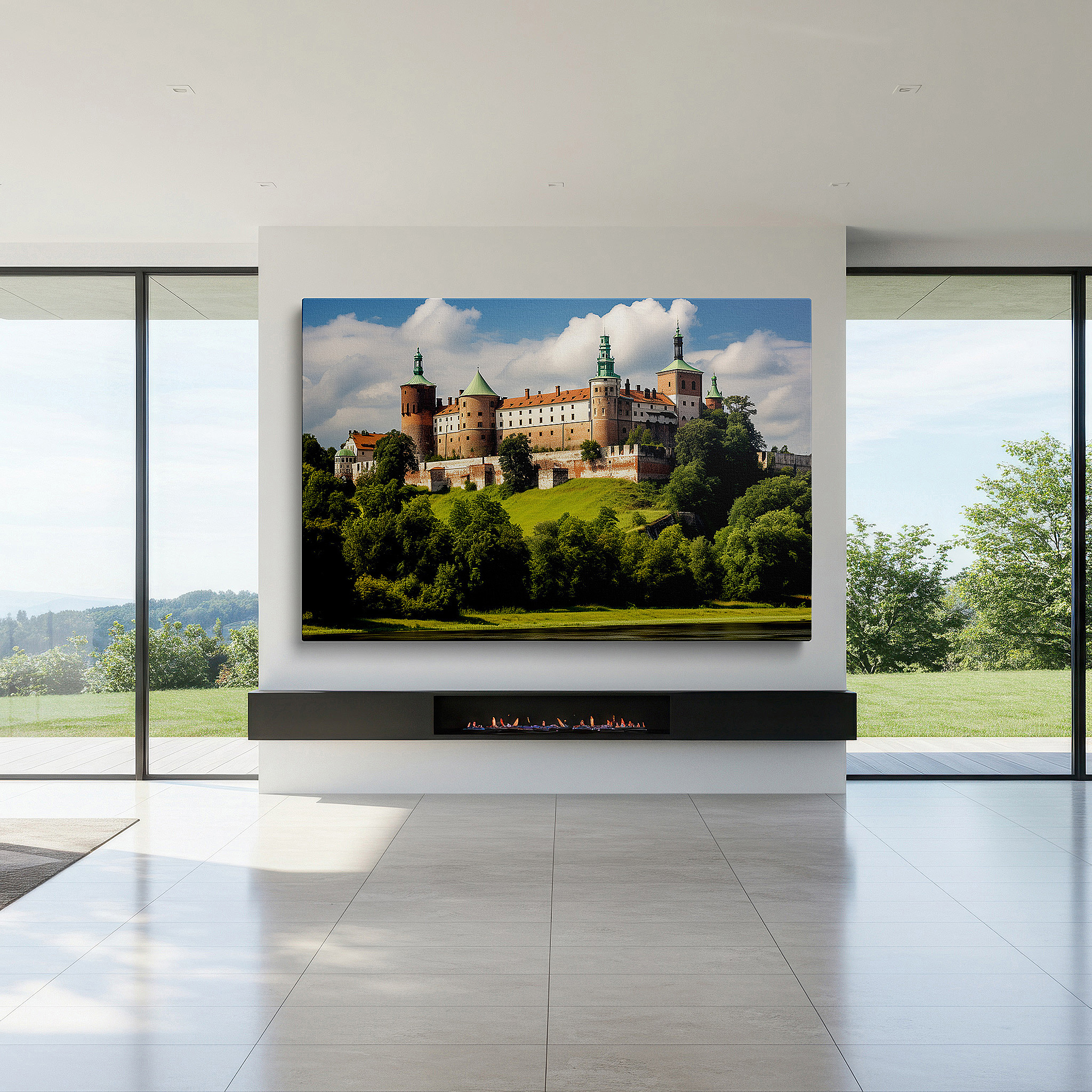 Featured in a dining room with dark wood furniture and candlelight — majestic castle on a hill, medieval splendor surrounded by verdant greenery and peaceful waters - large canvas wall art for office decor