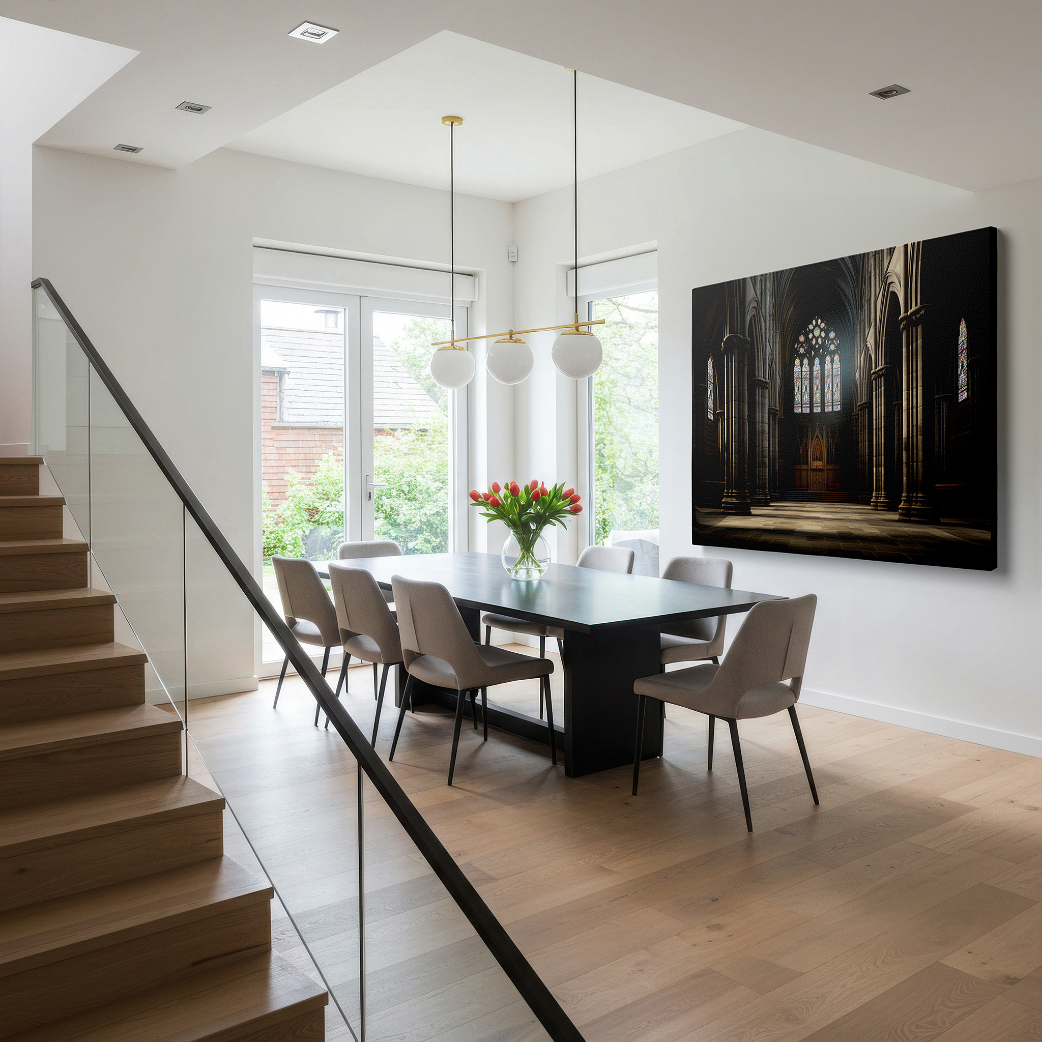 Featured in a dining room with dark wood furniture and candlelight — majestic cathedral interior wall art: a showcase of architectural brilliance and serene ambiance, perfect for office decor, available as large canvas prints