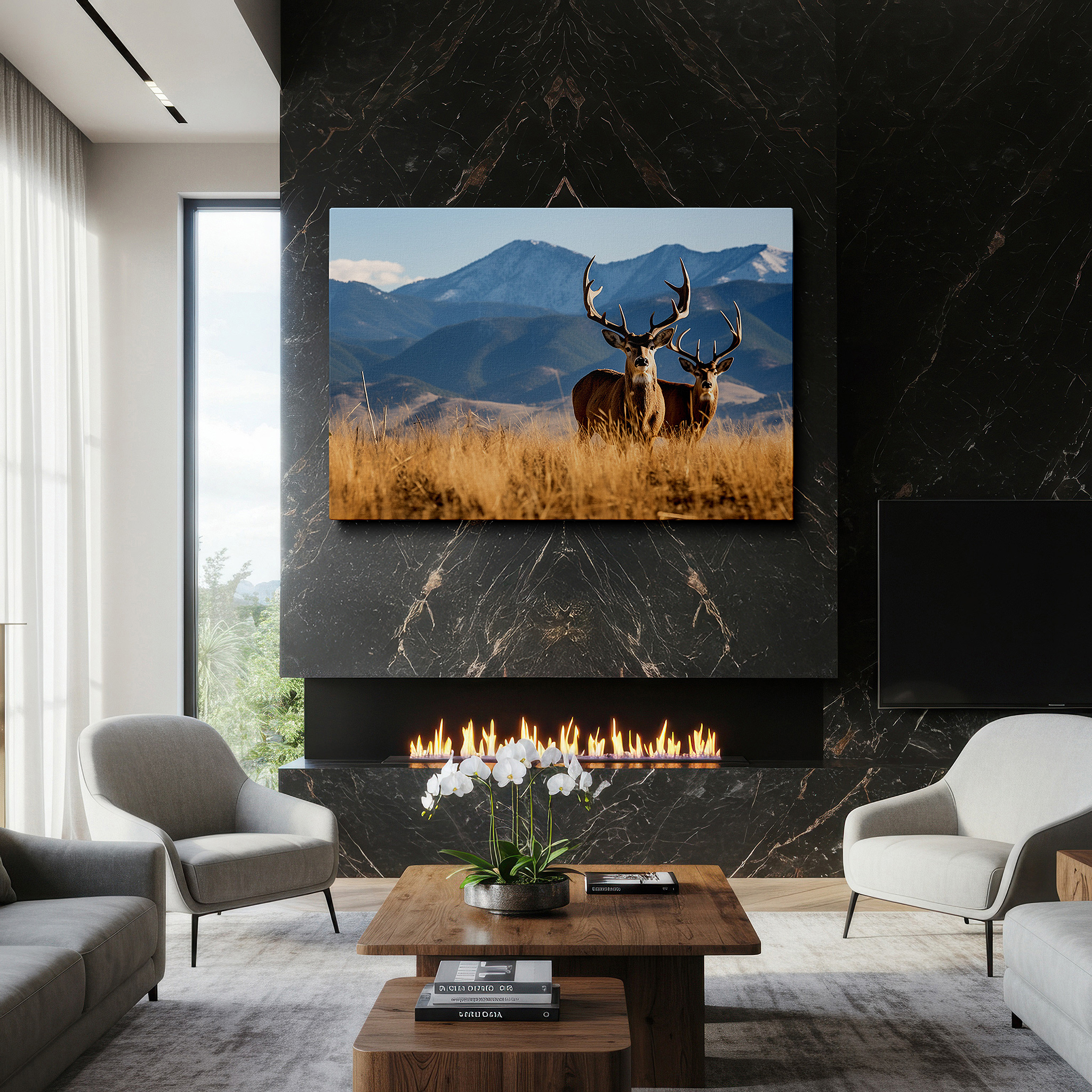 Featured in a dining room with dark wood furniture and candlelight — majestic deer in a golden meadow with snow-capped mountains large canvas wall art for office and bedroom decor