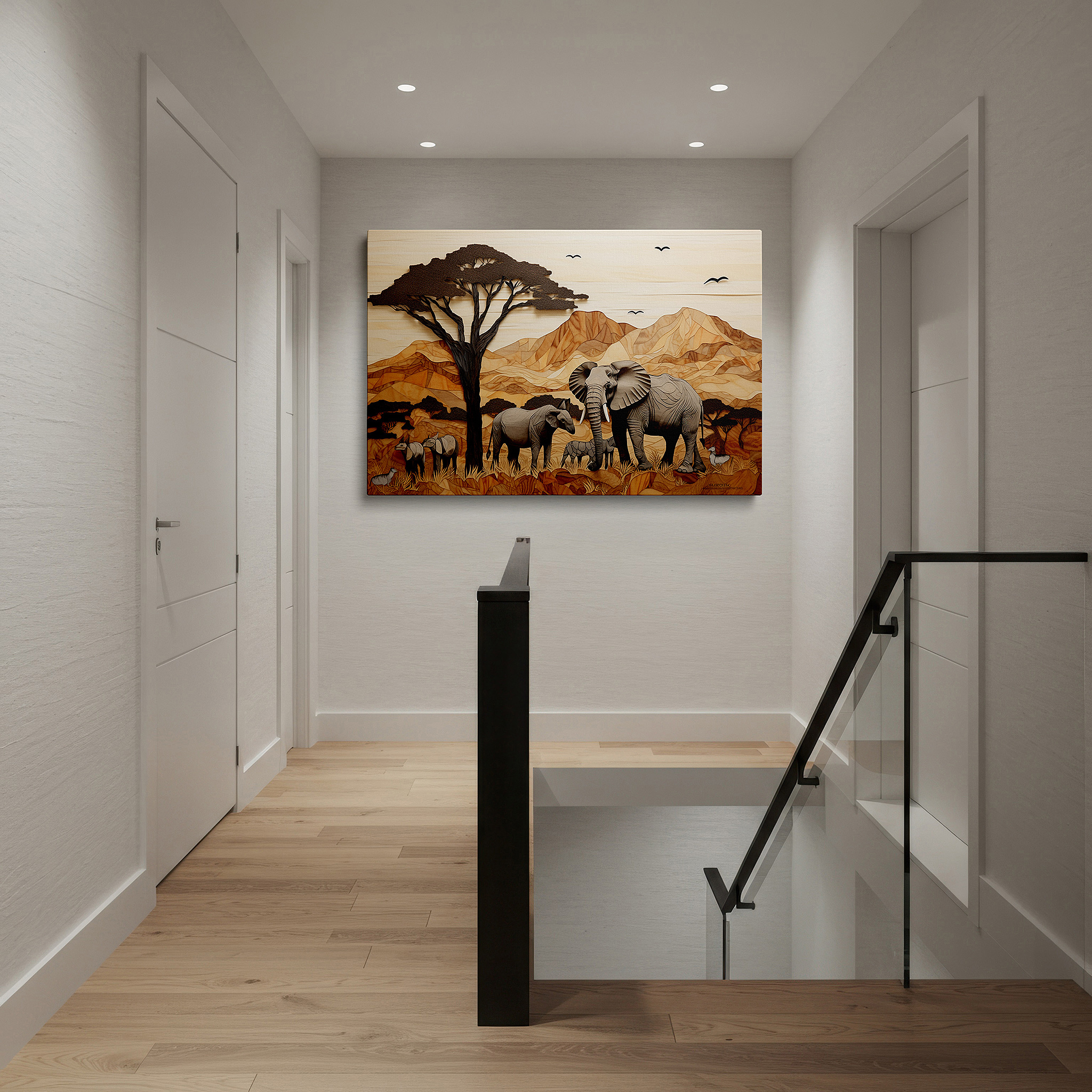 Featured in a dining room with dark wood furniture and candlelight — majestic elephants among green mountains and dense trees, serene family carved wood scene, large wall art, canvas wall art, wall decor for office