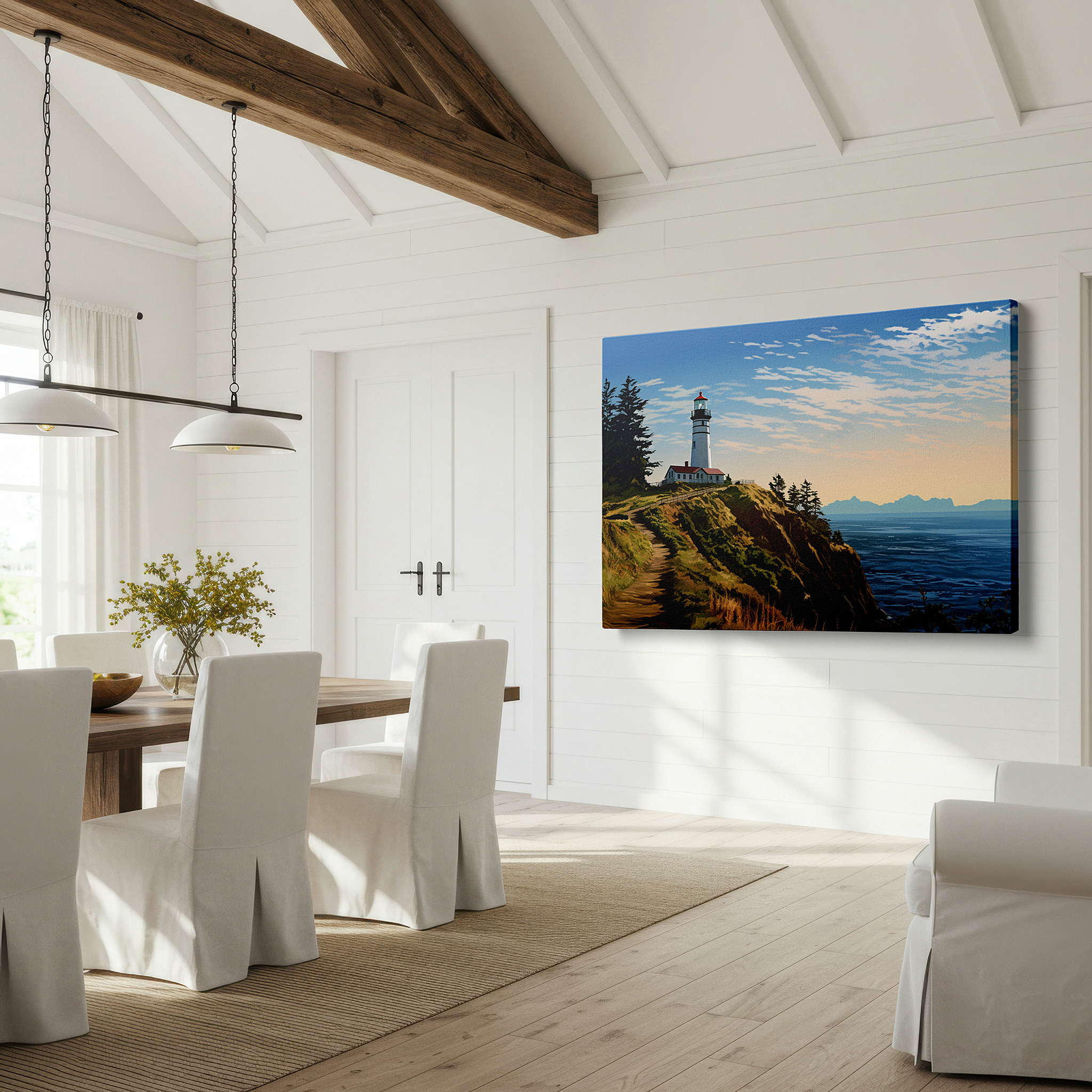 Featured in a dining room with dark wood furniture and candlelight — majestic lighthouse on rugged coastline - symbolizing hope and creativity large wall art, canvas wall art, wall decor, office wall art