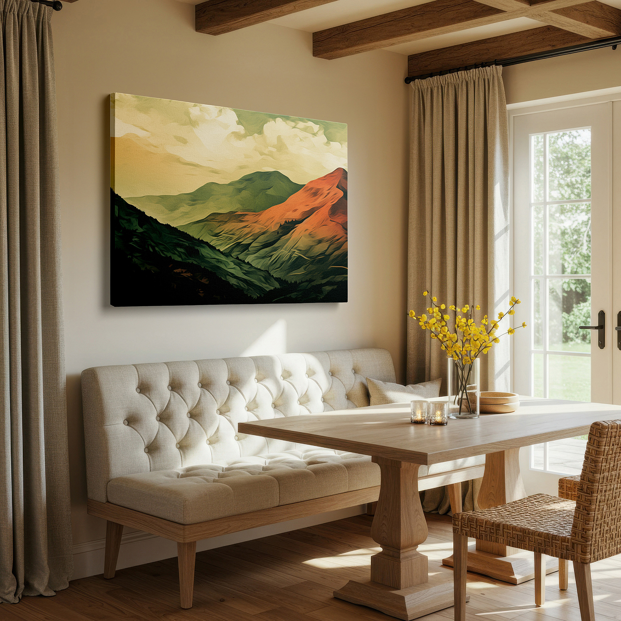 Featured in a dining room with dark wood furniture and candlelight — majestic mountain vista wall art with earthy tones blending land and sky, large canvas for office, bedroom, or living room decor