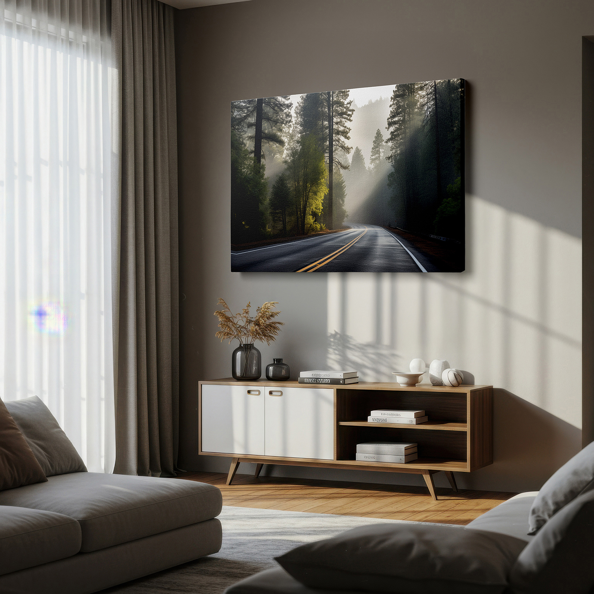 Featured in a dining room with dark wood furniture and candlelight — misty pine forest enchanted morning drive large canvas wall art for office, bedroom, and living room decor