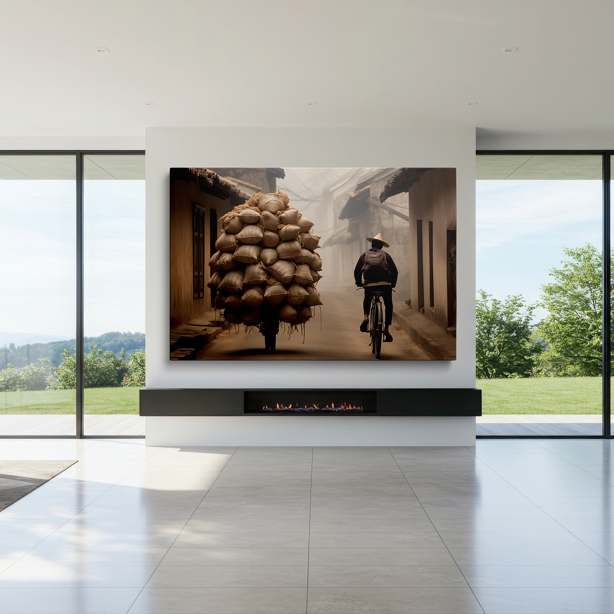 Featured in a dining room with dark wood furniture and candlelight — misty village street scene with determined cyclist wall art, canvas decor for office, bedroom, and living room