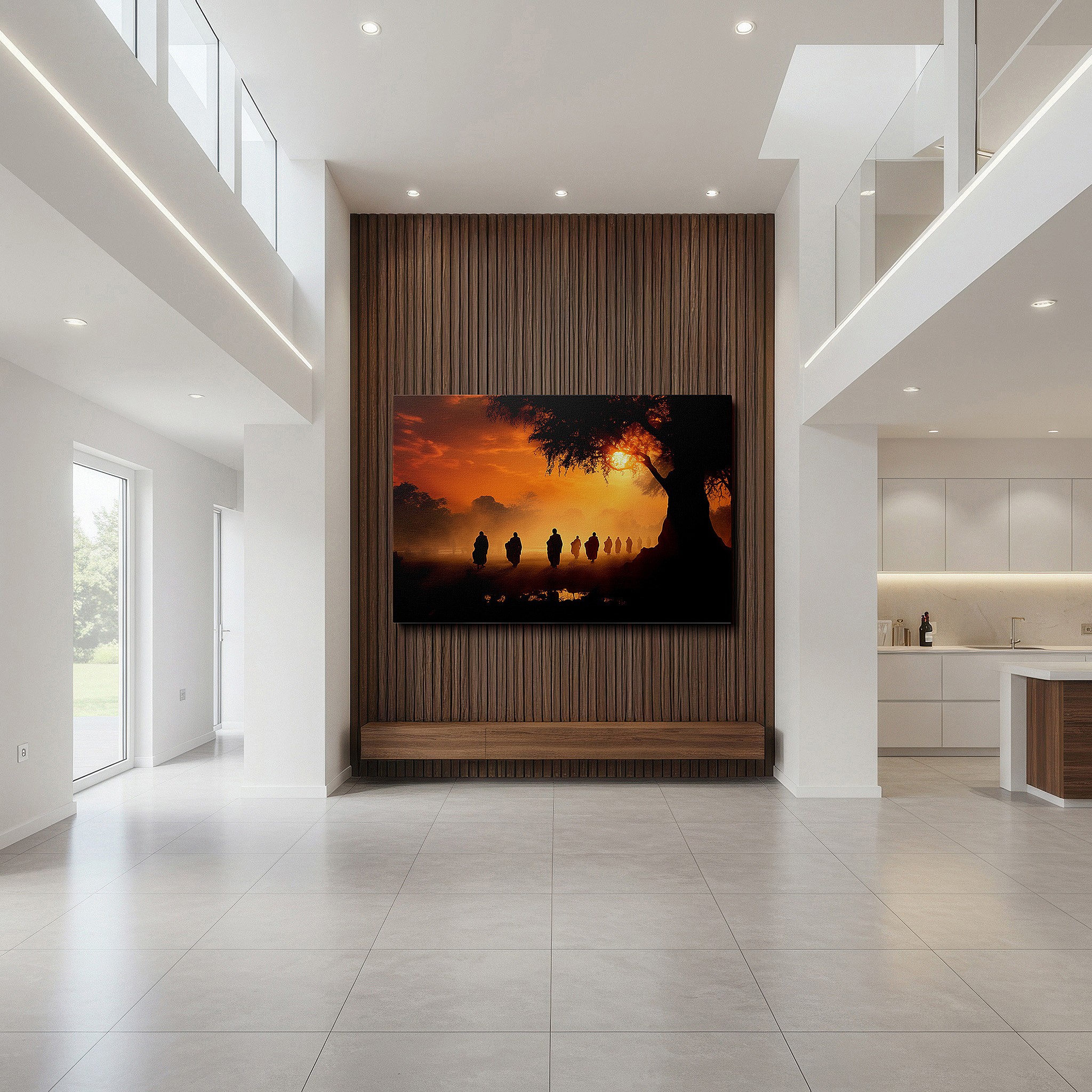 Featured in a dining room with dark wood furniture and candlelight — monks' procession towards enlightenment amidst nature's glow - large canvas wall art for office, bedroom, and living room decor