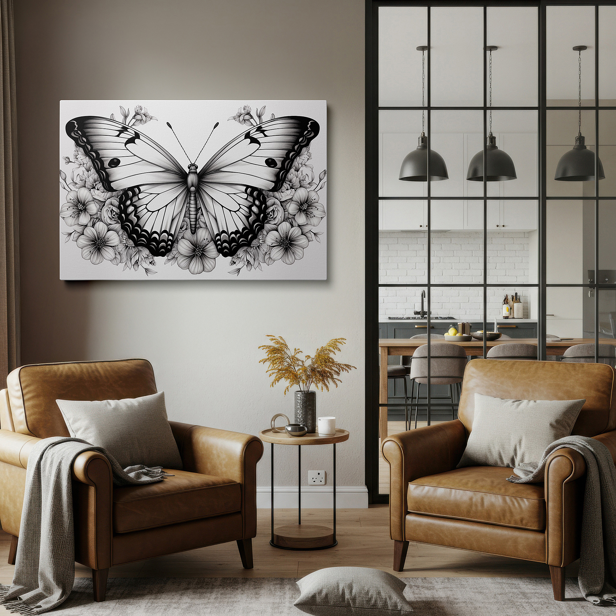 Featured in a dining room with dark wood furniture and candlelight — monochrome butterfly on flowers large canvas wall art for office and bedroom decor