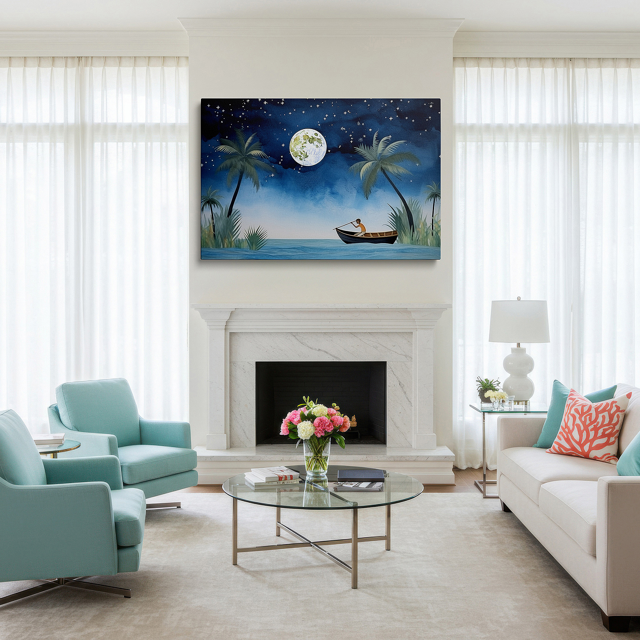 Featured in a dining room with dark wood furniture and candlelight — moonlit serenity: solitary rower and silhouetted palms wall art - large canvas for office, bedroom, and living room decor