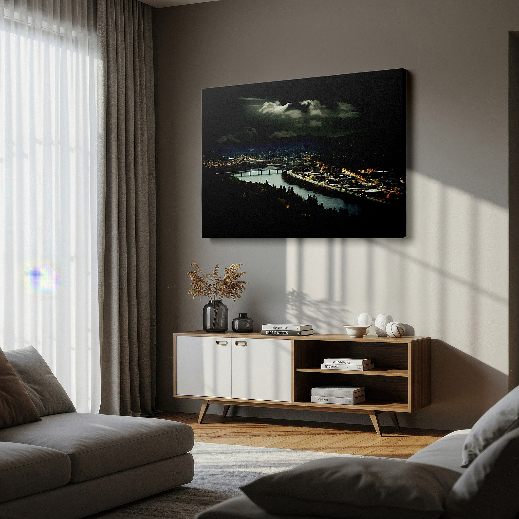 Featured in a dining room with dark wood furniture and candlelight — moonlit tranquil river valley: a nocturnal blend of nature and urban elegance - large canvas wall art for home and office decor