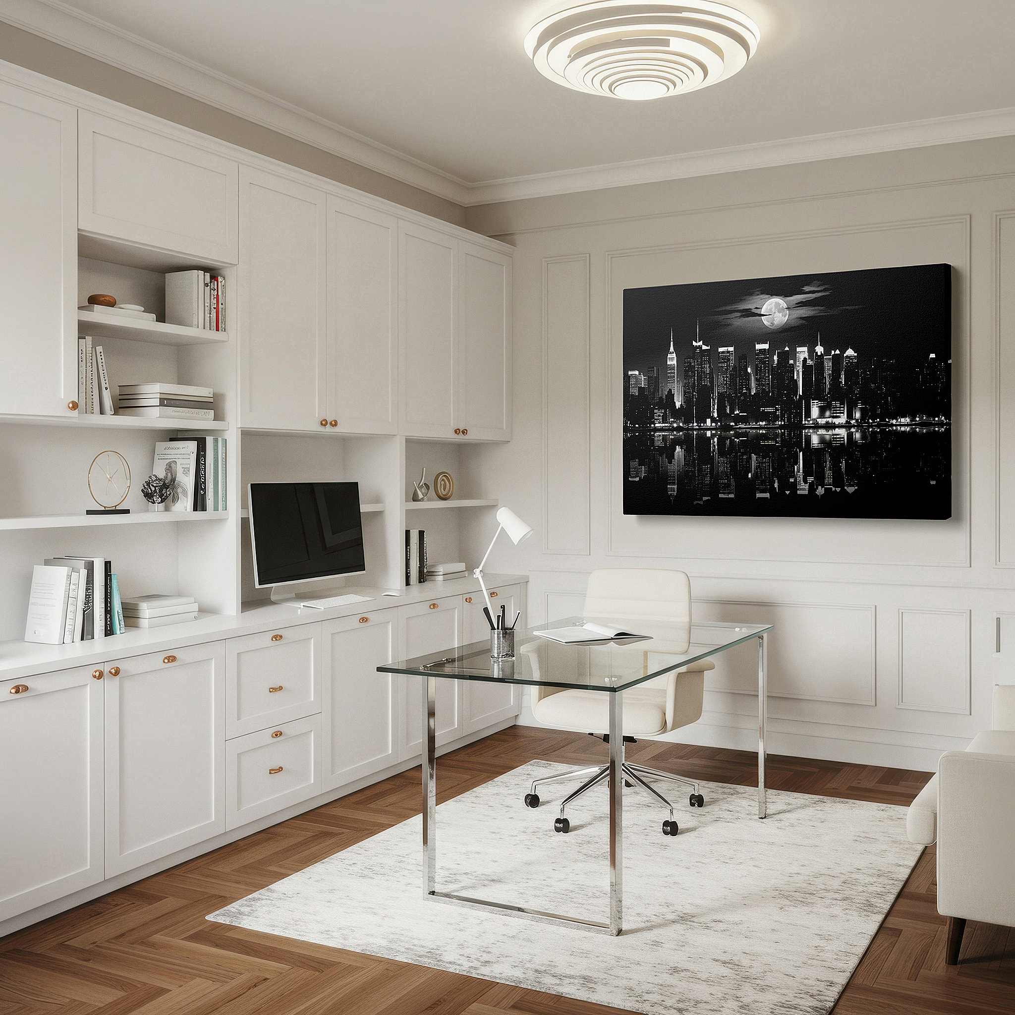 Featured in a dining room with dark wood furniture and candlelight — new york city skyline with a radiant moon in black and white - large canvas wall art for office and bedroom decor