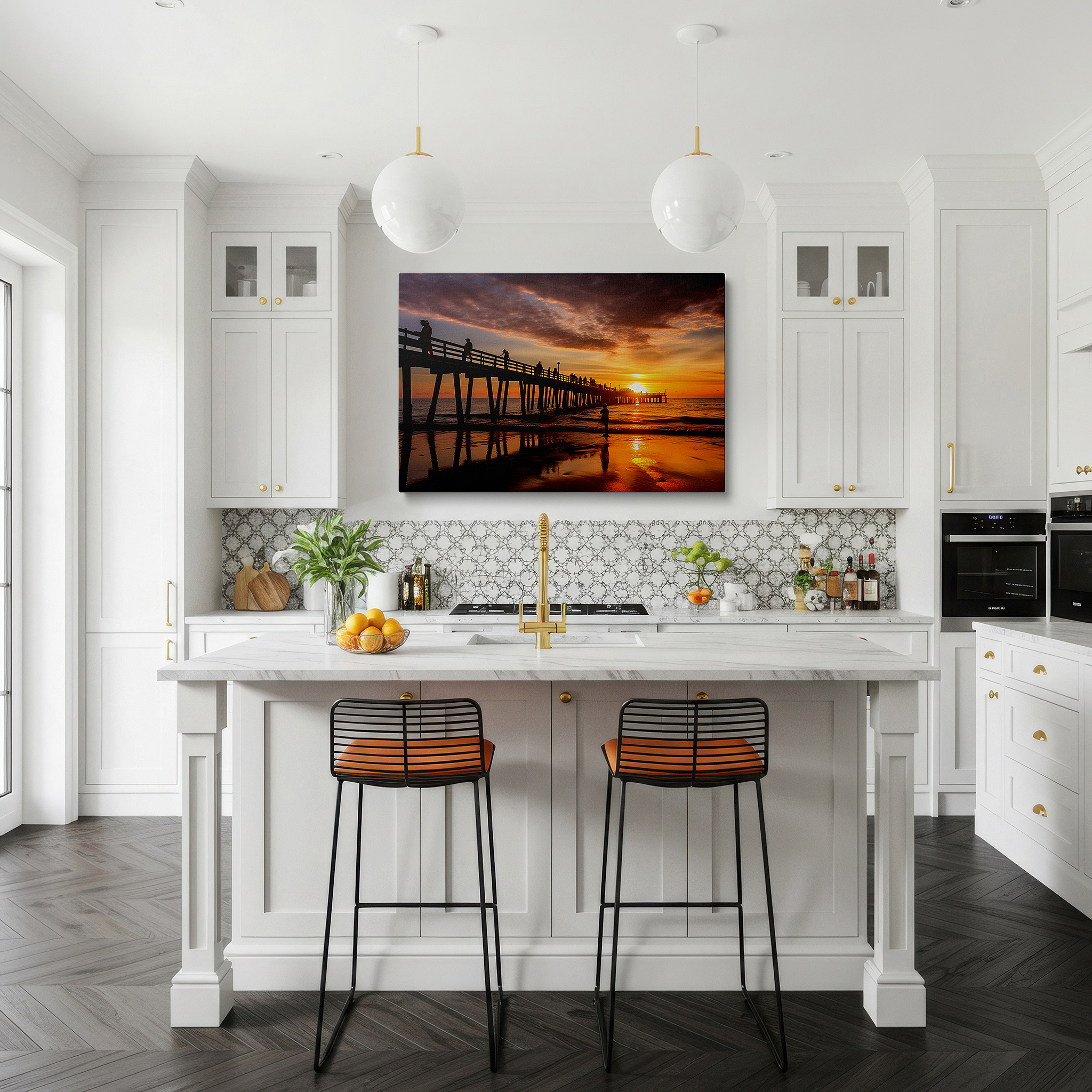 Featured in a dining room with dark wood furniture and candlelight — ocean pier sunset serenity - tranquil scenery with golden and silvery hues large wall art, canvas wall art, wall decor for office