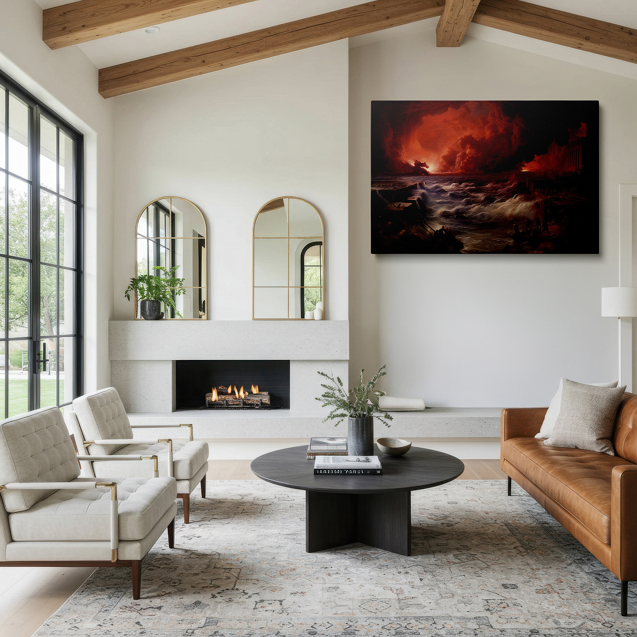 Featured in a dining room with dark wood furniture and candlelight — ocean's fury and fire's blaze elemental clash: ancient ruins large wall art, canvas wall art, wall decor for office and bedroom