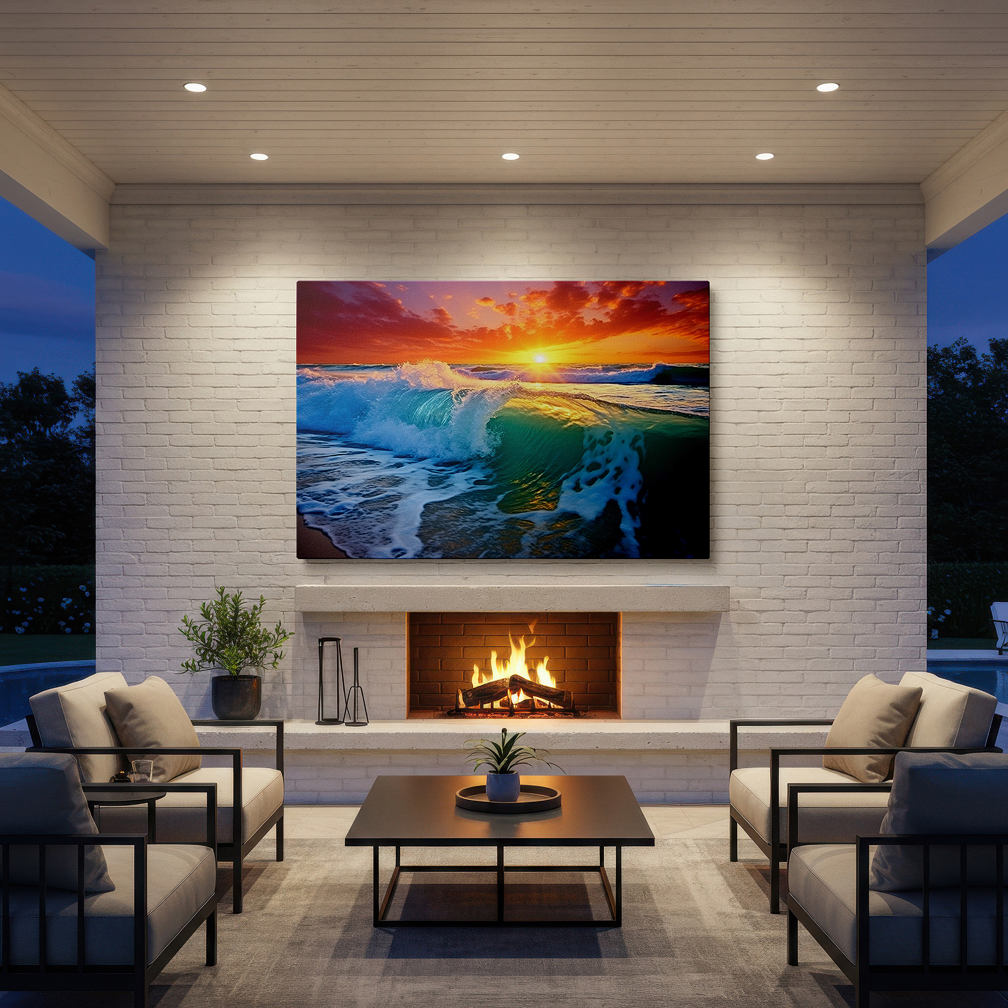 Featured in a dining room with dark wood furniture and candlelight — ocean's majesty: waves dancing in sunset light - large canvas wall art for office, bedroom, and living room decor