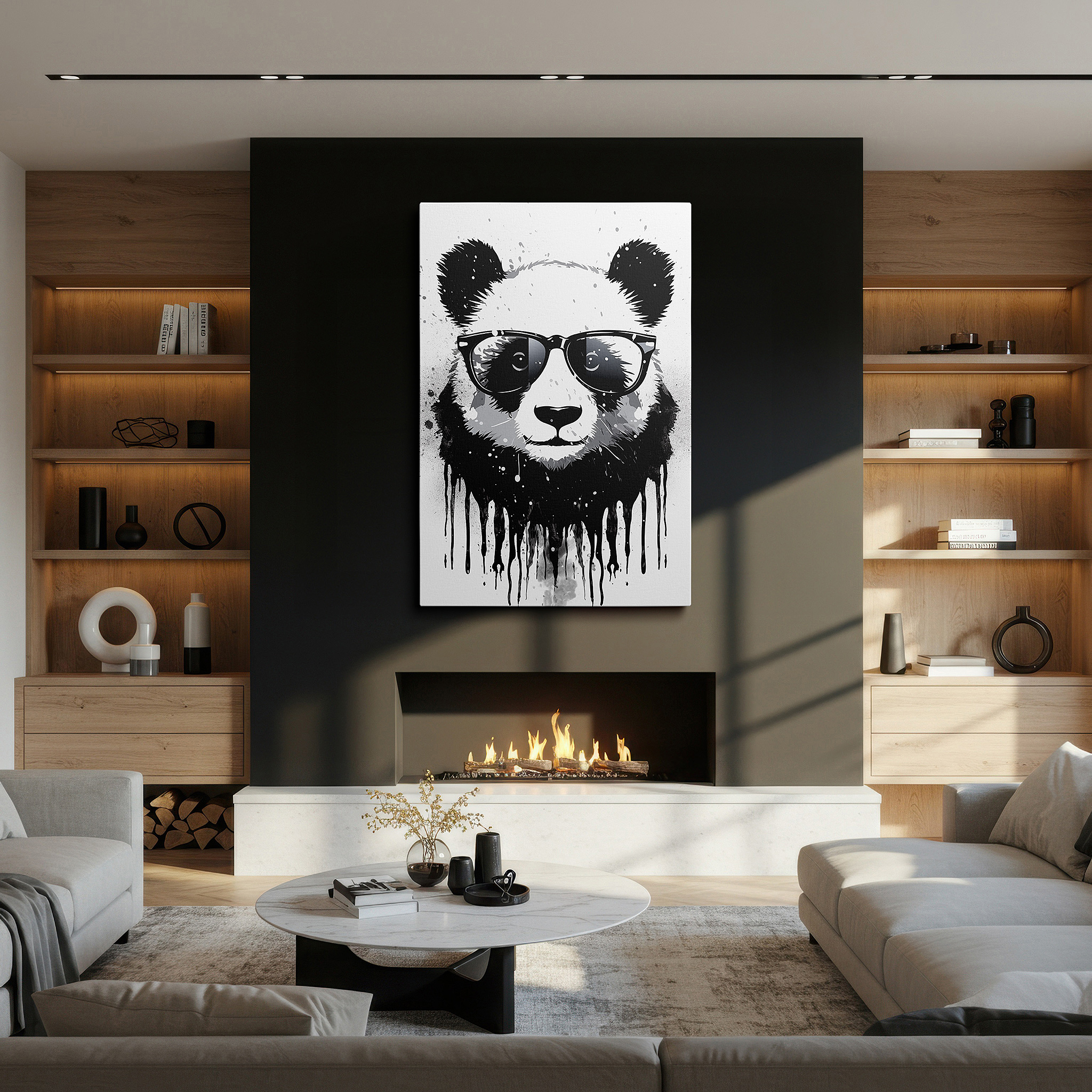 Featured in a dining room with dark wood furniture and candlelight — panda in sunglasses canvas print with vibrant ink splashes, ideal for office, bedroom, and living room decor