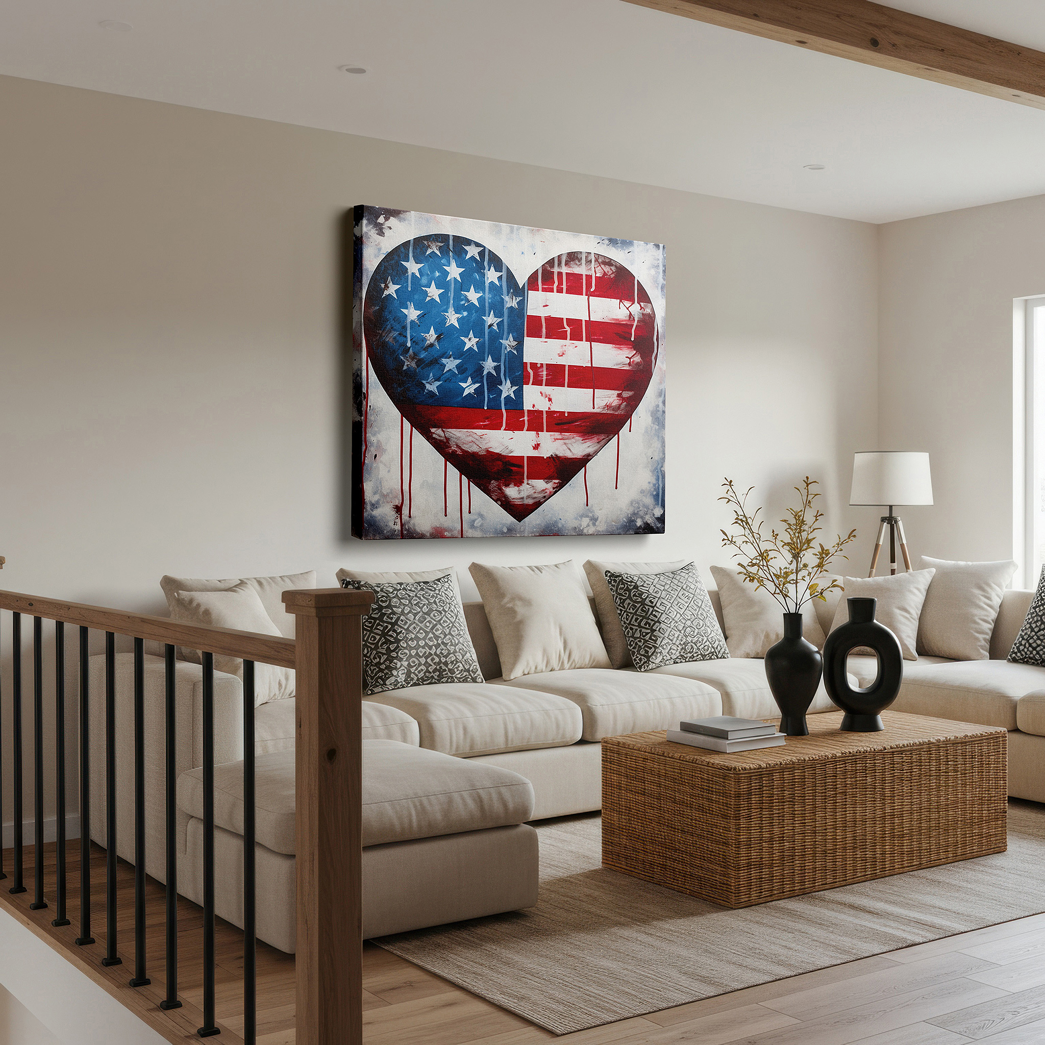 Featured in a dining room with dark wood furniture and candlelight — patriotic american flag heart design in bold red, white, and blue - large canvas wall art for home and office decor