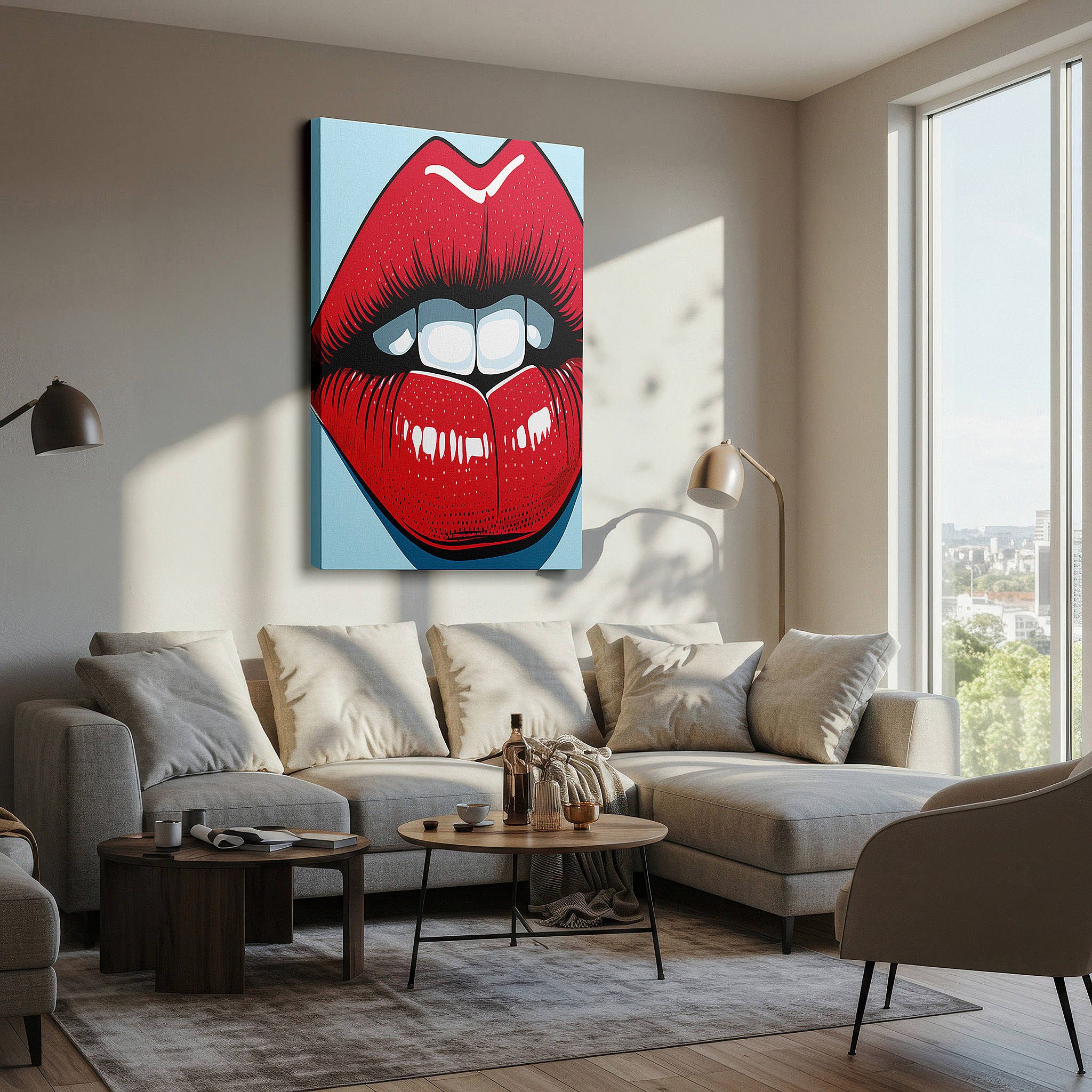 Featured in a dining room with dark wood furniture and candlelight — plush red lips symbolize beauty and confidence: ideal for modern decor, large canvas wall art for offices and bedrooms