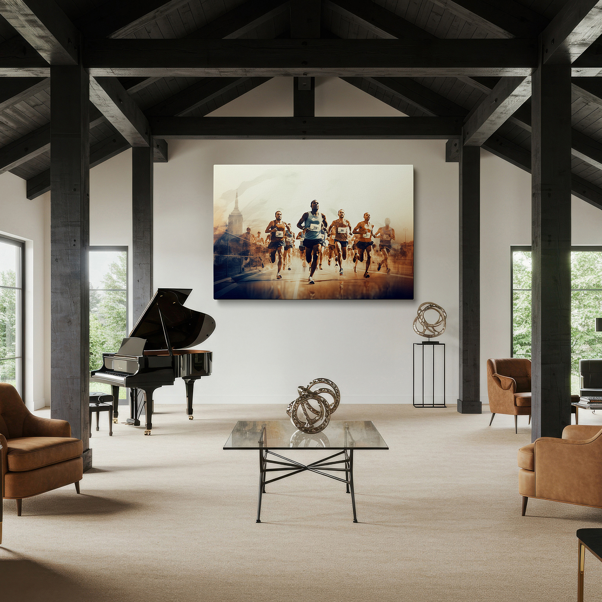 Featured in a dining room with dark wood furniture and candlelight — race to victory: capturing the spirit and excellence of runners - large canvas wall art for office decor