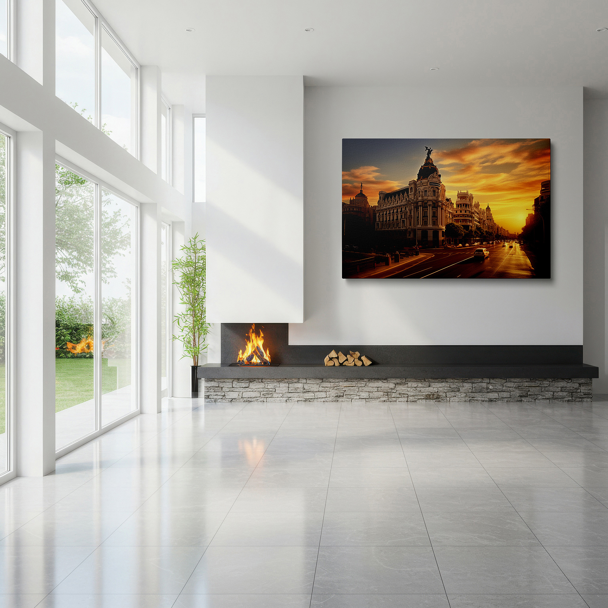 Featured in a dining room with dark wood furniture and candlelight — radiant sunset and majestic historic building amidst urban energy: large canvas wall art for office and bedroom decor