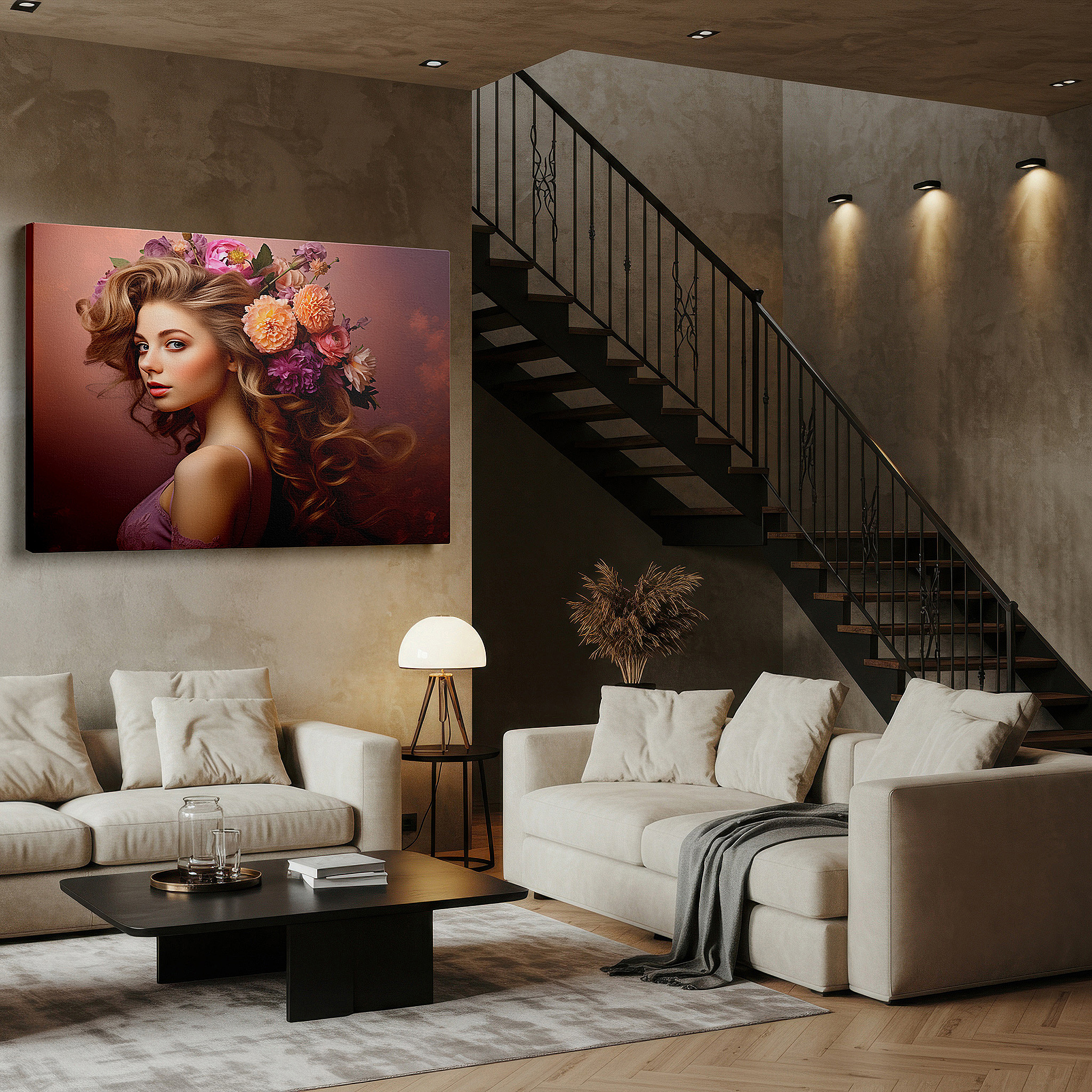 Featured in a dining room with dark wood furniture and candlelight — radiant woman with floral crown celebrating life and nature - large canvas wall art for office, bedroom, and living room decor