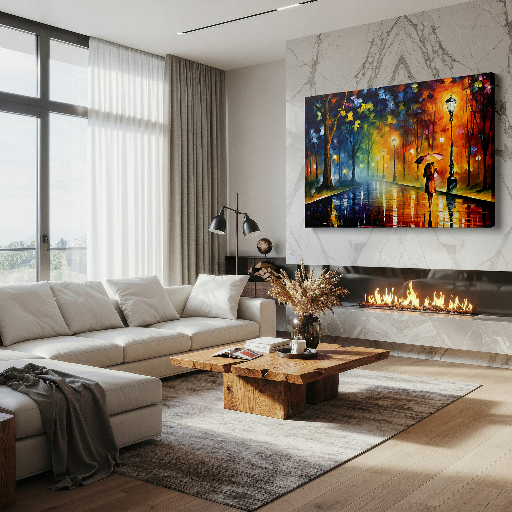 Featured in a dining room with dark wood furniture and candlelight — rain-swept streets with ethereal lights - serene urban evening large wall art, canvas wall art, wall decor for office, bedroom, and living room