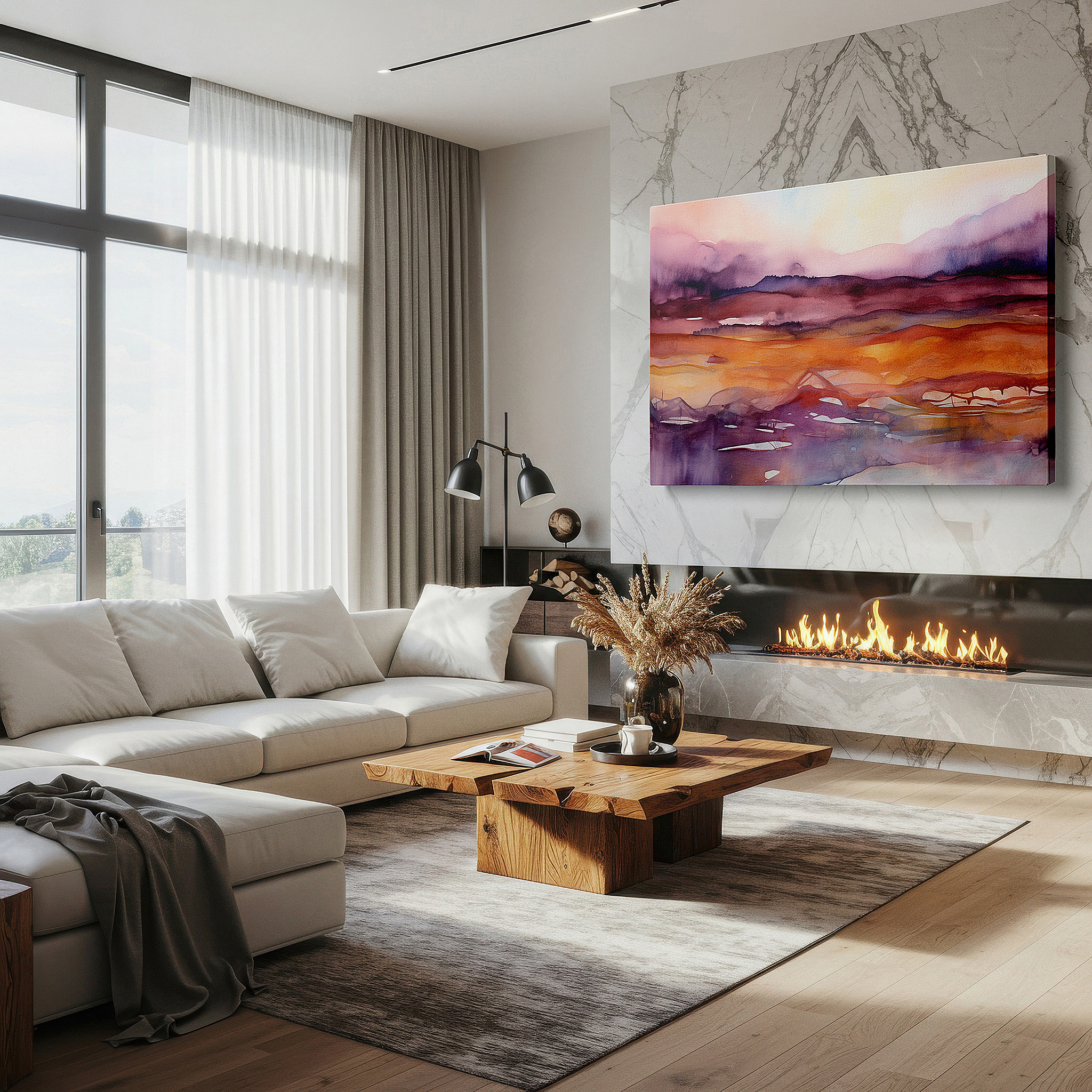 Featured in a dining room with dark wood furniture and candlelight — serene abstract landscape with soft edges and warm gradient hues, large canvas wall art for home and office decor