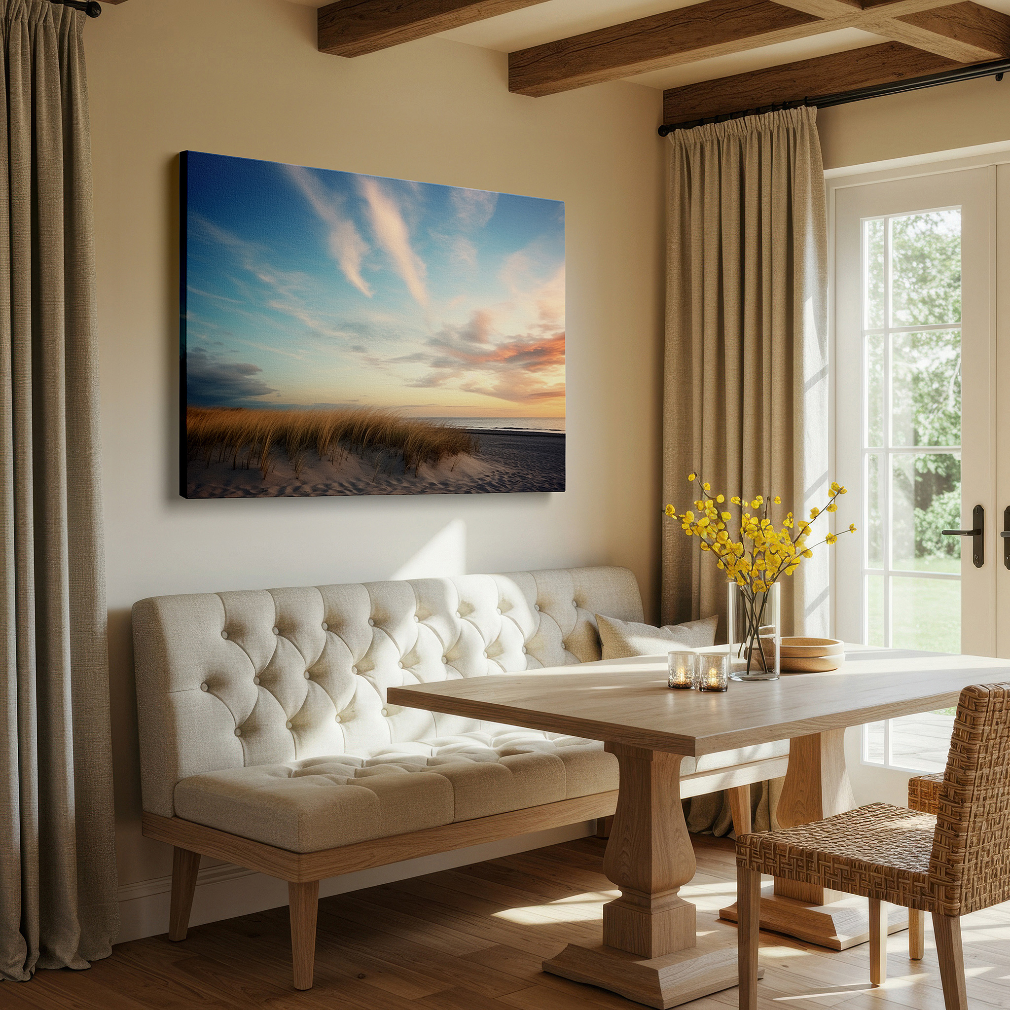 Featured in a dining room with dark wood furniture and candlelight — serene beach dawn scene with wispy clouds and tranquil sea reflections - large canvas wall art for office and bedroom decor