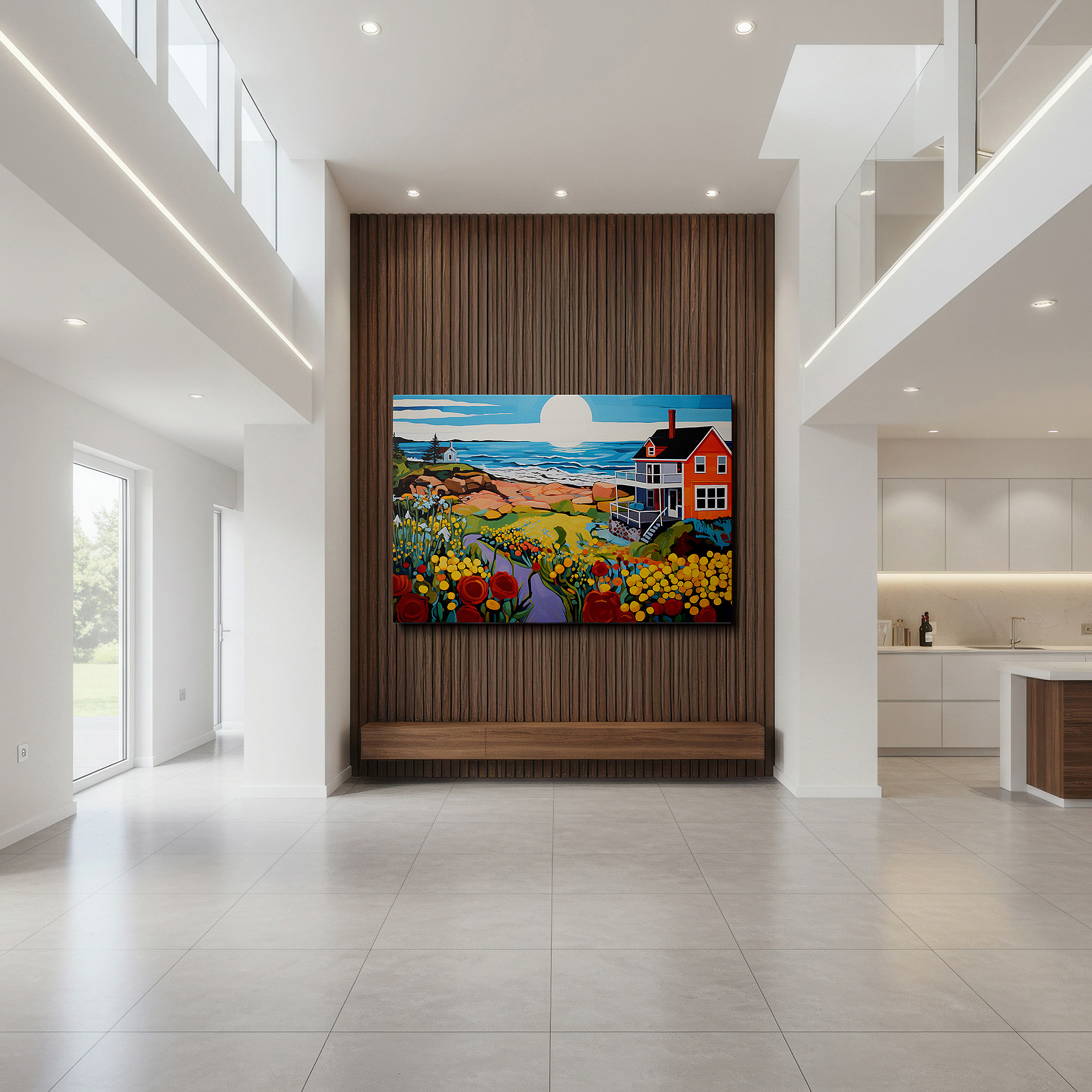Featured in a dining room with dark wood furniture and candlelight — serene beach house scene: tranquil coastal elegance and nature's vibrant beauty in large canvas wall art for home and office decor