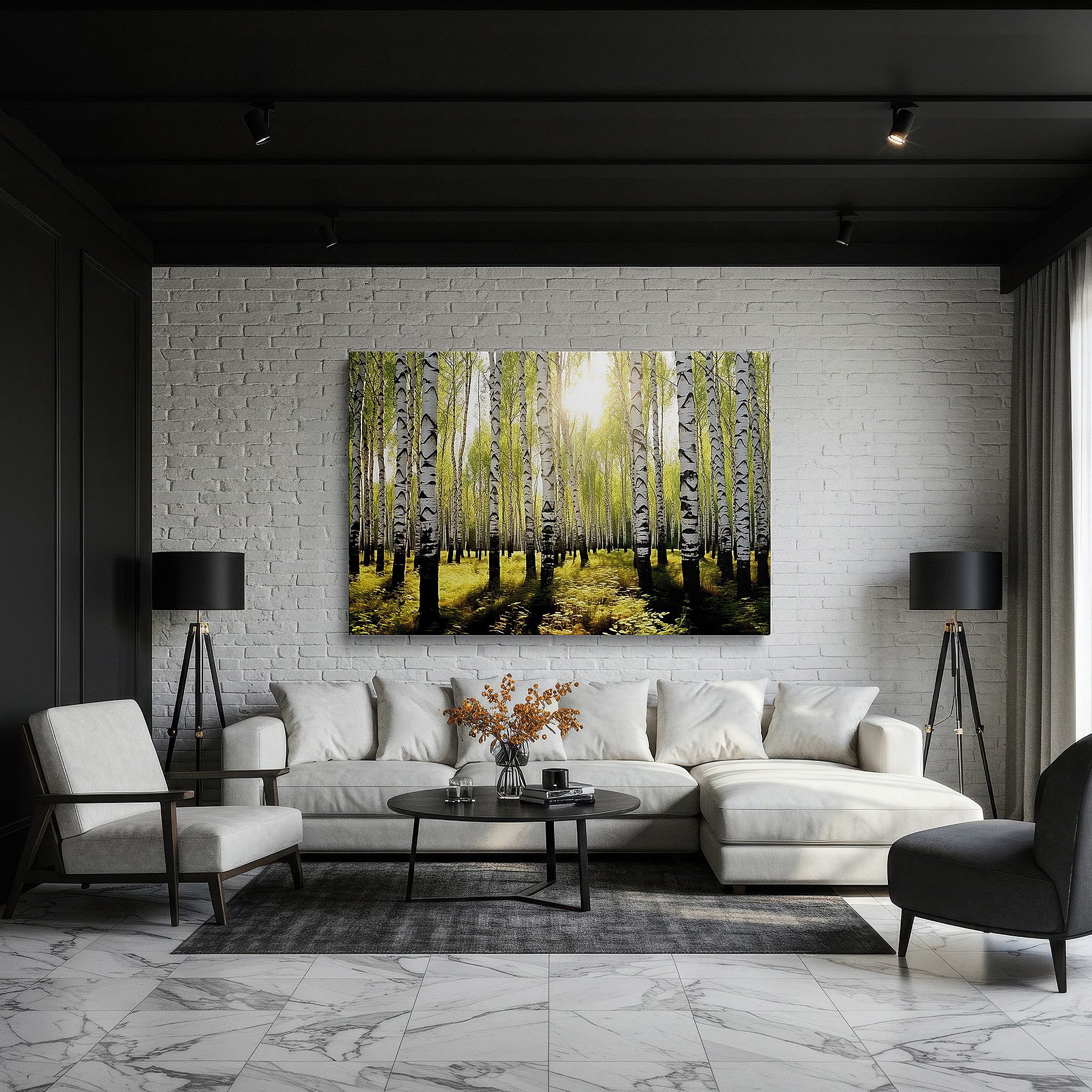 Featured in a dining room with dark wood furniture and candlelight — serene birch forest in sunlight: a play of light and shadows, large canvas wall art for home and office decor