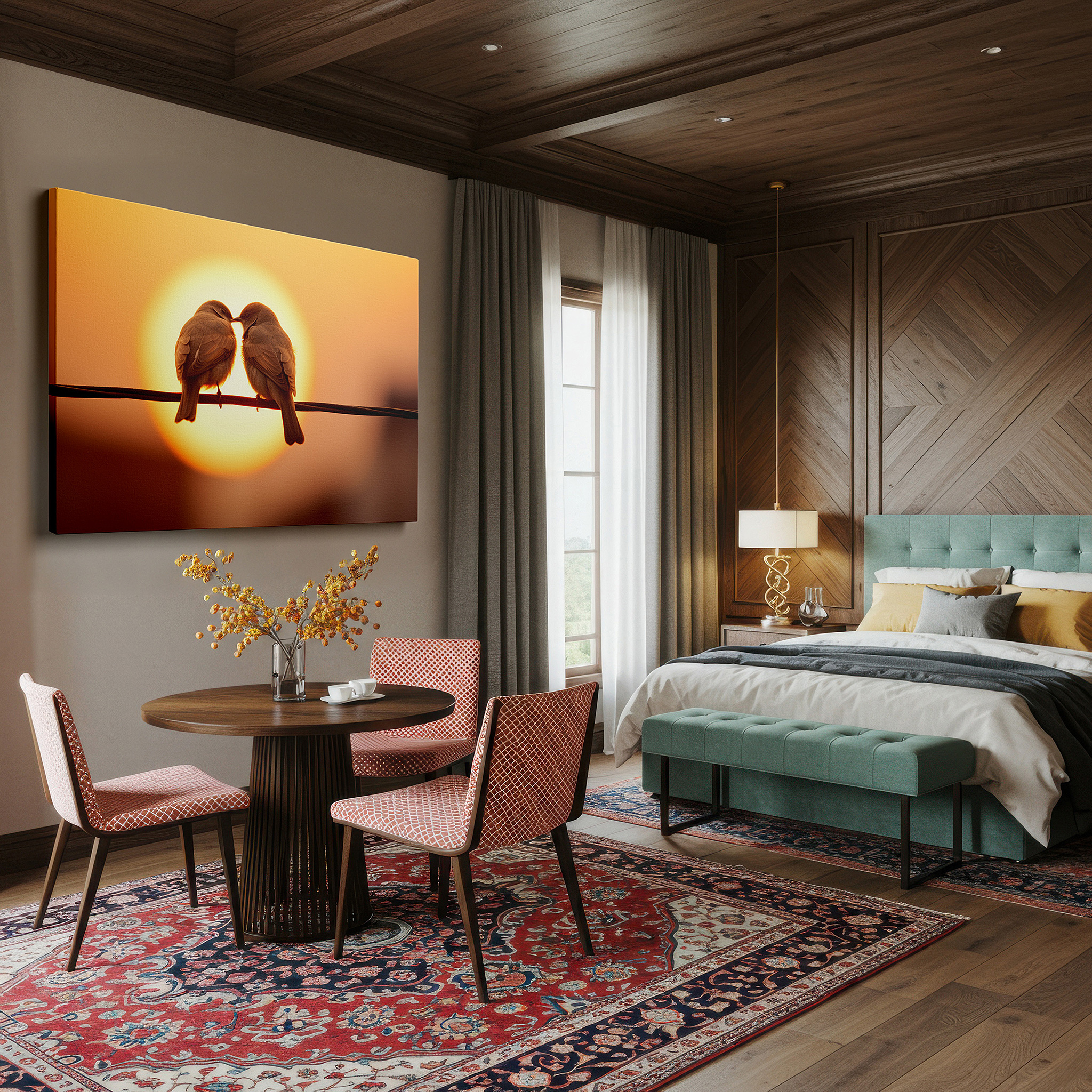 Featured in a dining room with dark wood furniture and candlelight — serene birds on a wire canvas print - large wall art for living room, bedroom, or office, featuring a vibrant sunset background