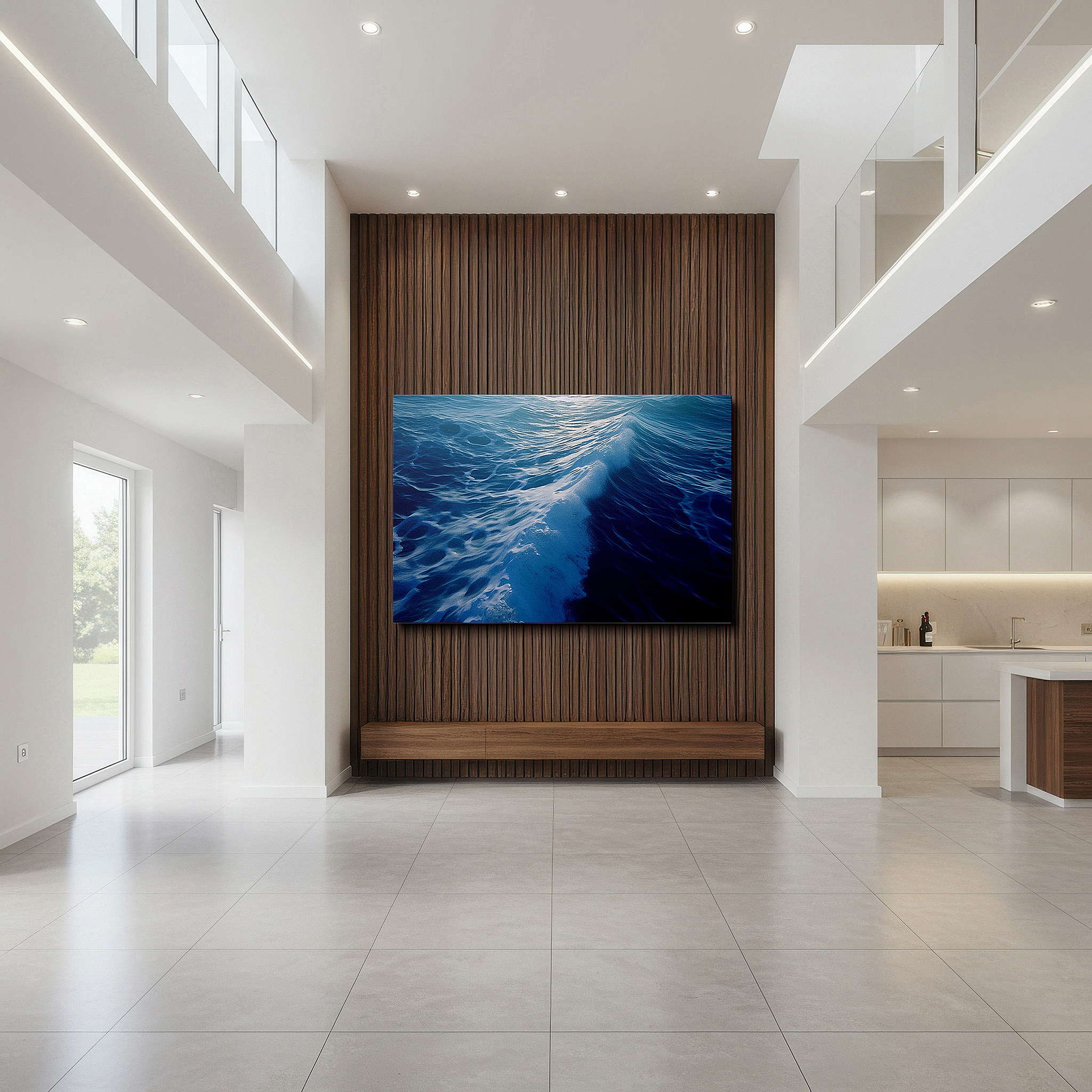 Featured in a dining room with dark wood furniture and candlelight — serene blues symphony: radiant sunlight and gentle waves - large canvas wall art for office and bedroom decor