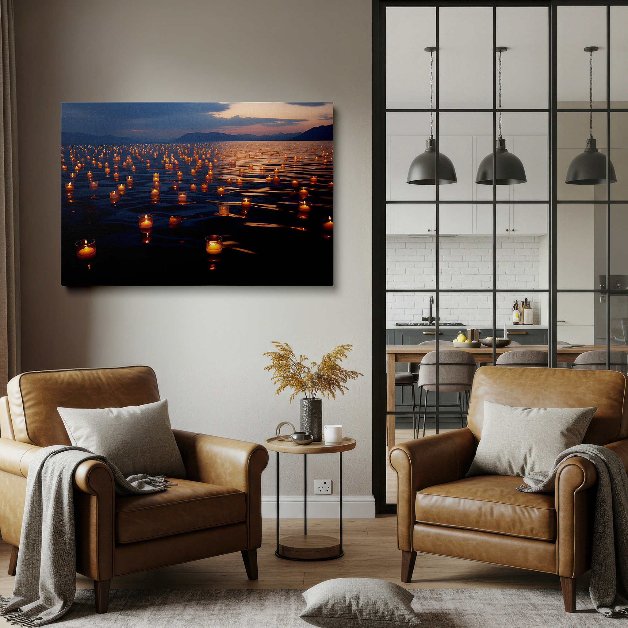 Featured in a dining room with dark wood furniture and candlelight — serene candles on a tranquil lake at dusk - a haven of peace and reflection large wall art, canvas wall art, wall decor, office wall art, bedroom wall art