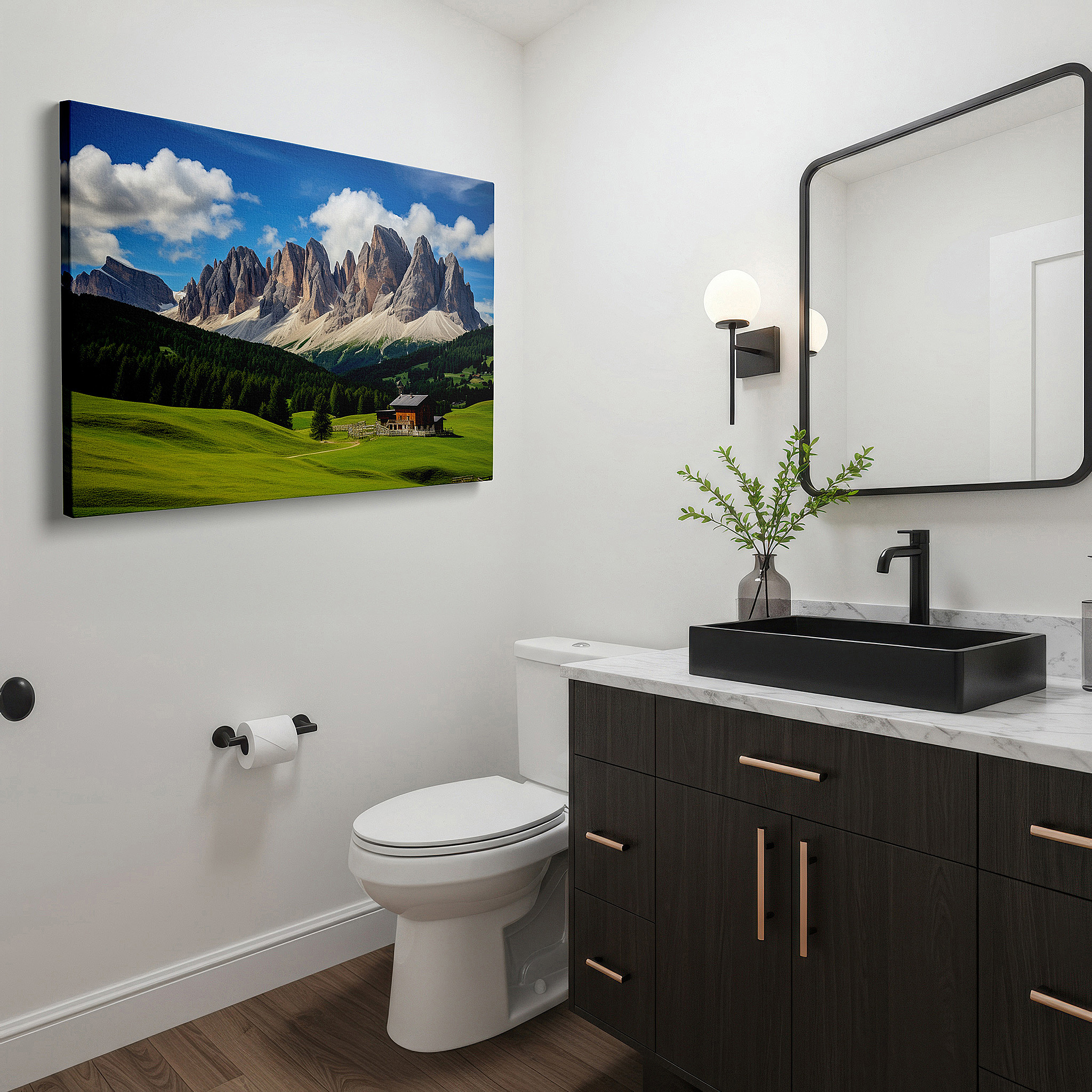 Featured in a dining room with dark wood furniture and candlelight — serene hideaway amidst lush valleys and towering mountains: oversized wall art for home and office decor, including living room and bedroom