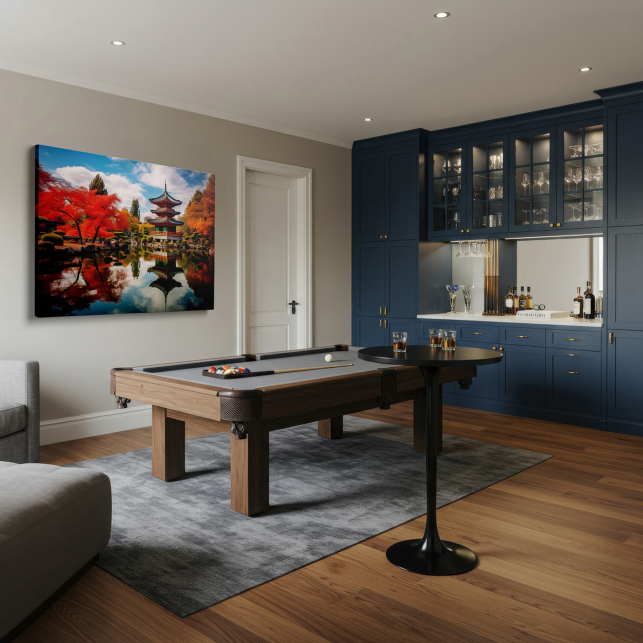 Featured in a dining room with dark wood furniture and candlelight — serene japanese scenery with fall reflections and classic architecture - large canvas wall art for home and office decor