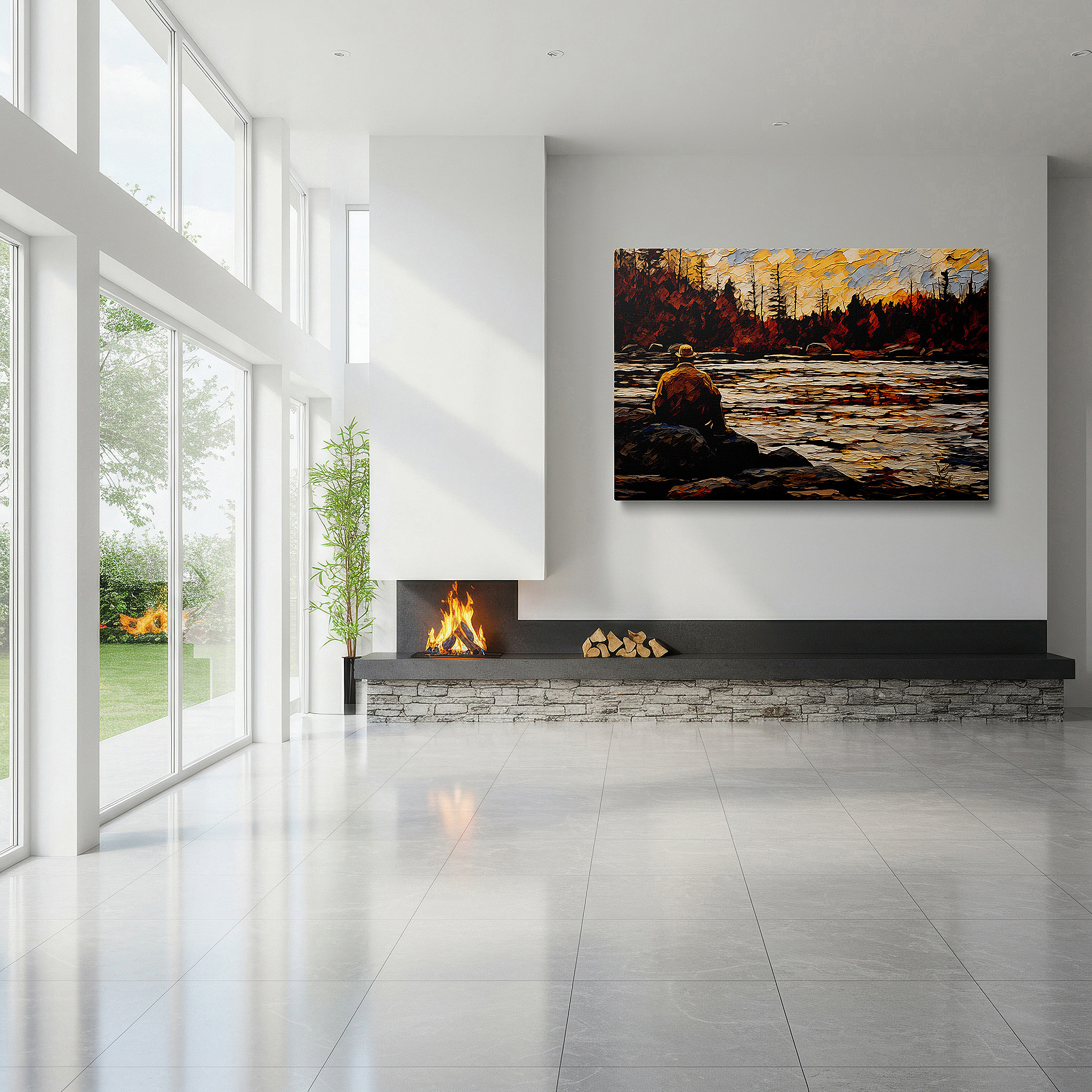Featured in a dining room with dark wood furniture and candlelight — serene lakeside fishing at sunset: tranquil nature's palette reflected - large canvas wall art for office and bedroom decor