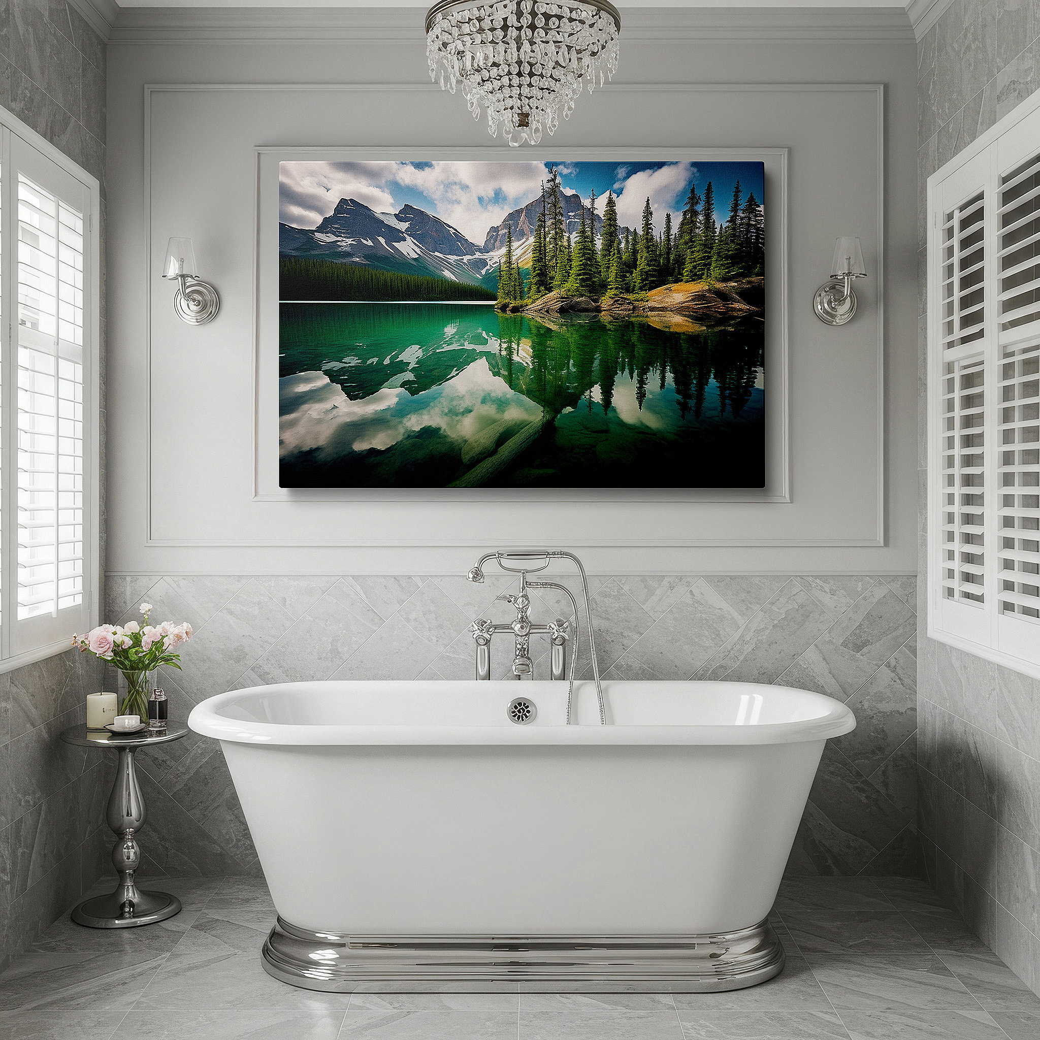 Featured in a dining room with dark wood furniture and candlelight — serene mountain lake and majestic peaks wall art: tranquil waters and large canvas decor for office and bedroom