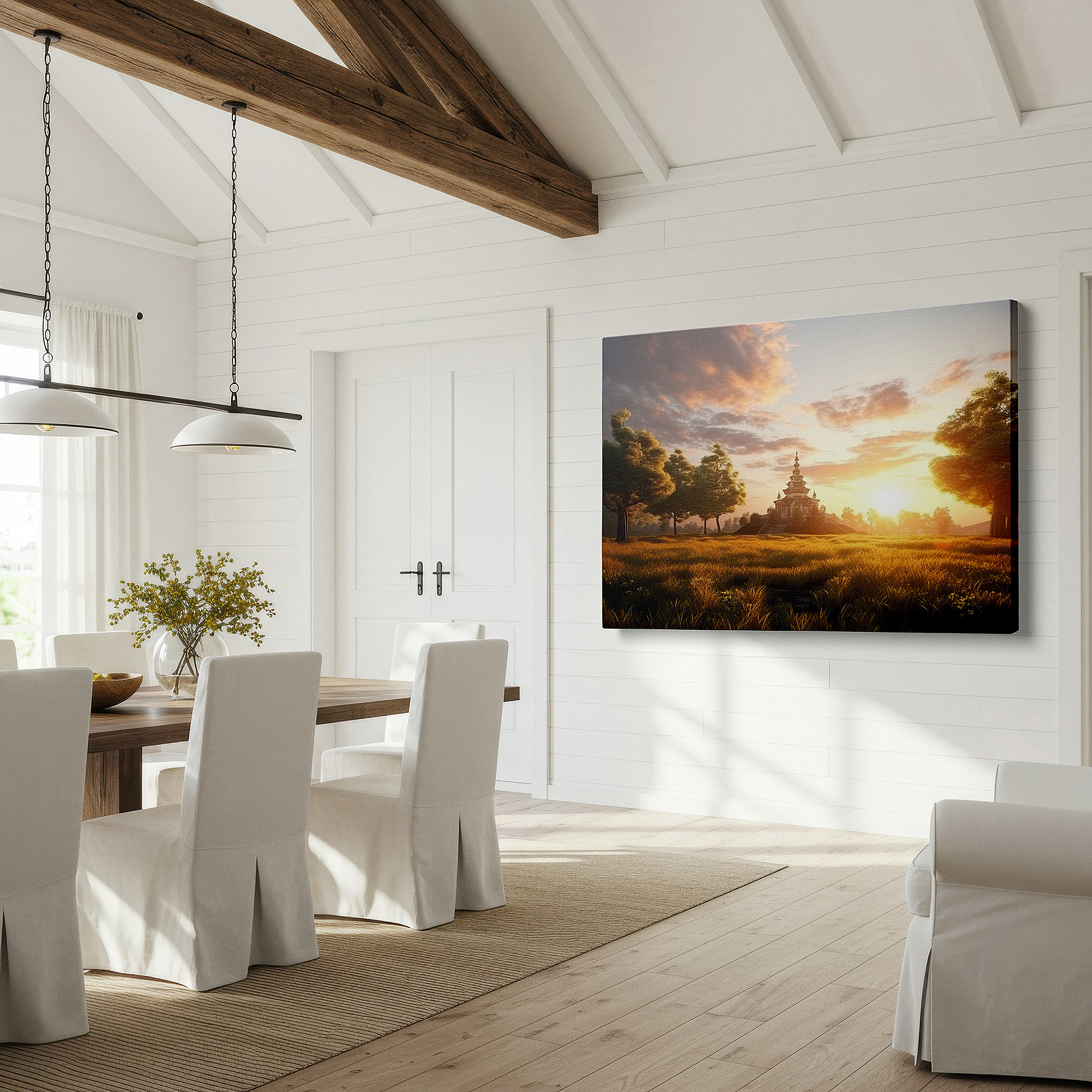 Featured in a dining room with dark wood furniture and candlelight — serene pagoda amidst lush landscape bathed in sunset's golden light - large canvas wall art for office and bedroom decor