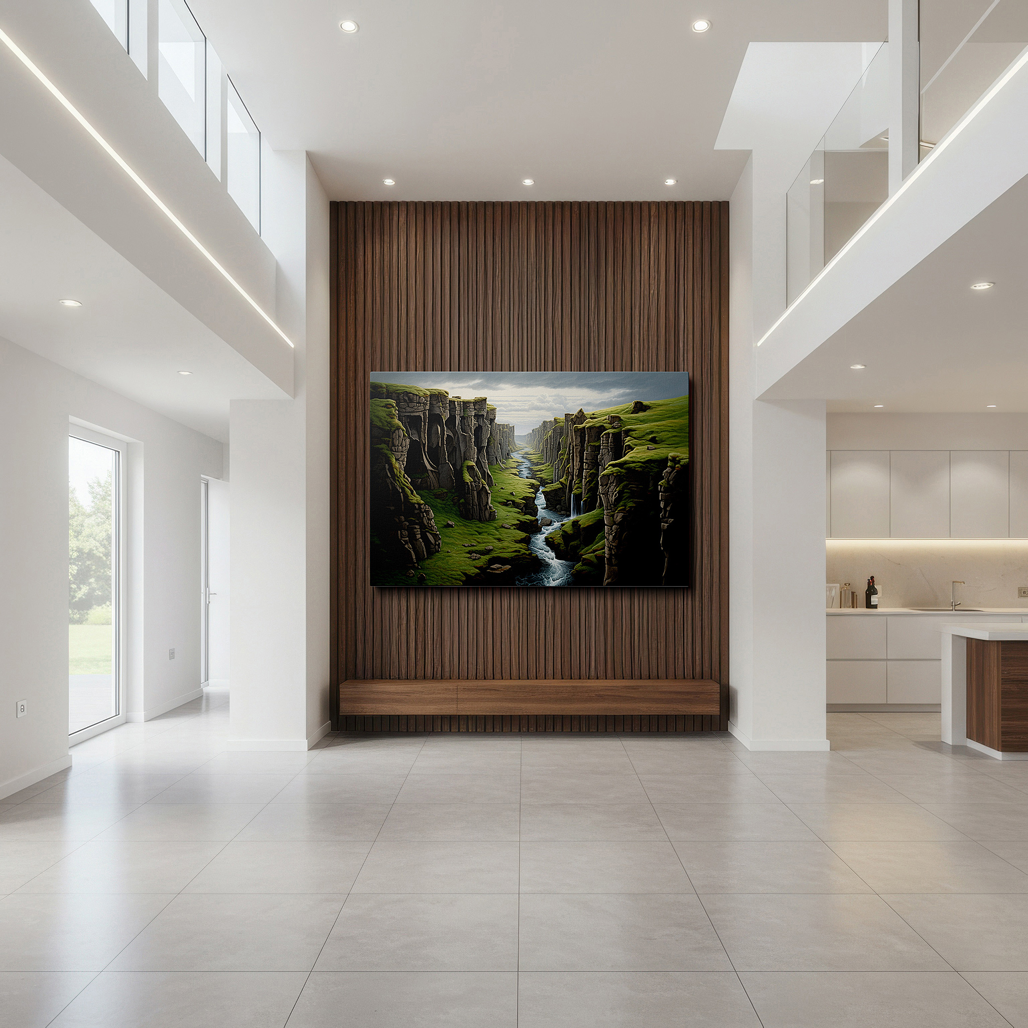 Featured in a dining room with dark wood furniture and candlelight — serene river and majestic cliffs in a spacious canyon scene large wall art, canvas wall art, wall decor for office, bedroom wall decor, living room art