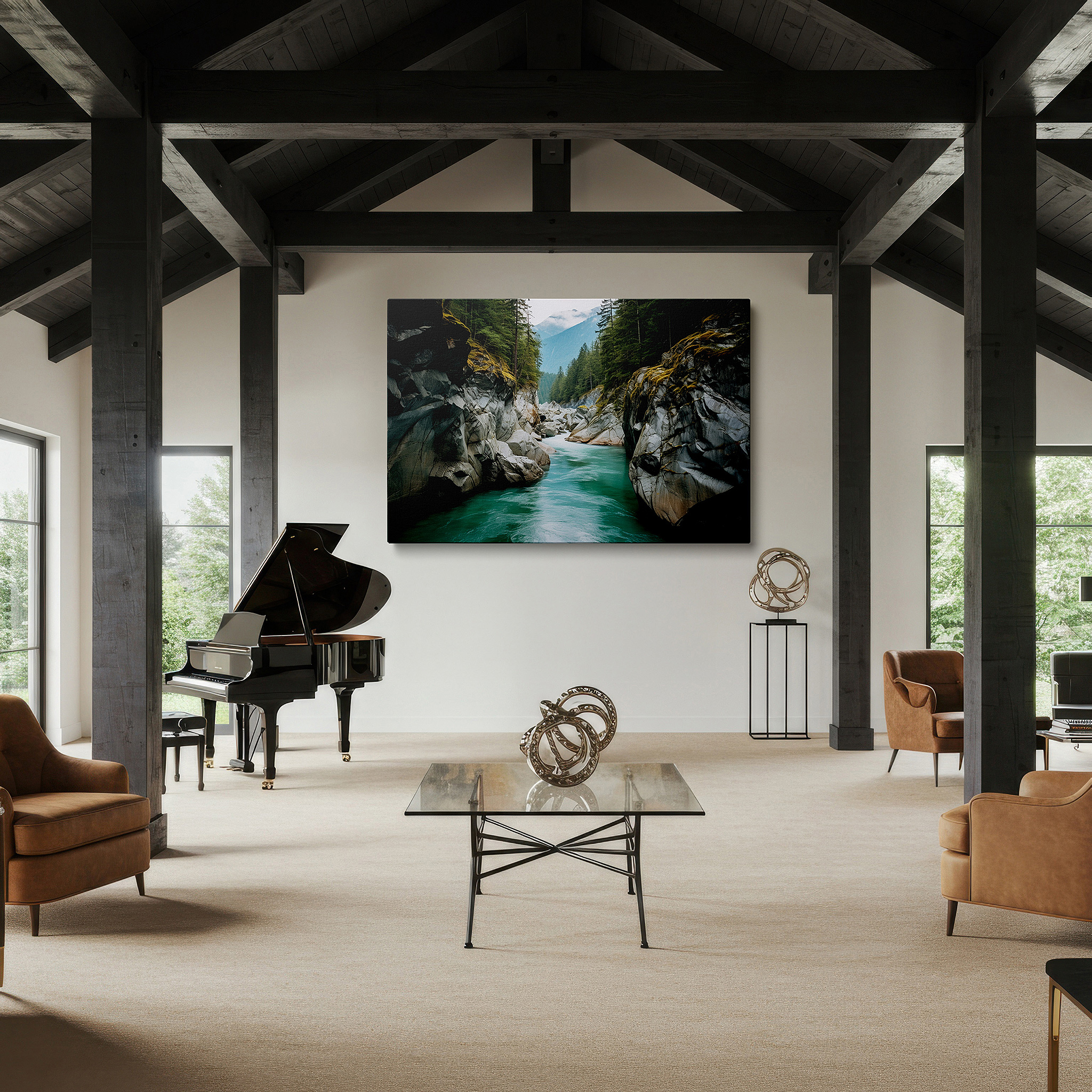 Featured in a dining room with dark wood furniture and candlelight — serene river streaming through grand rocks beneath mystical mountain fog - oversized canvas wall art for office and bedroom decor