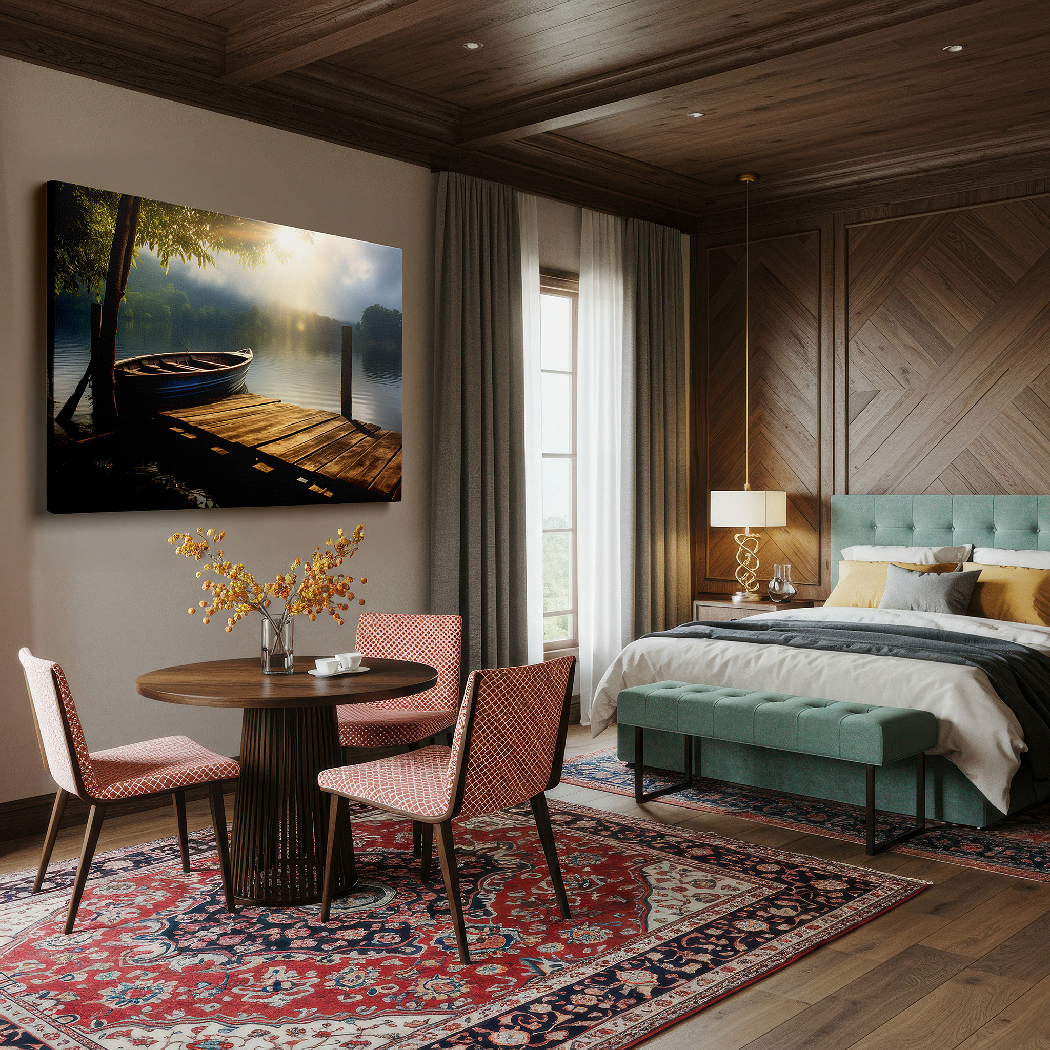 Featured in a dining room with dark wood furniture and candlelight — serene sunrise over misty lake with weathered pier and wooden boat - large canvas wall art for office and bedroom decor